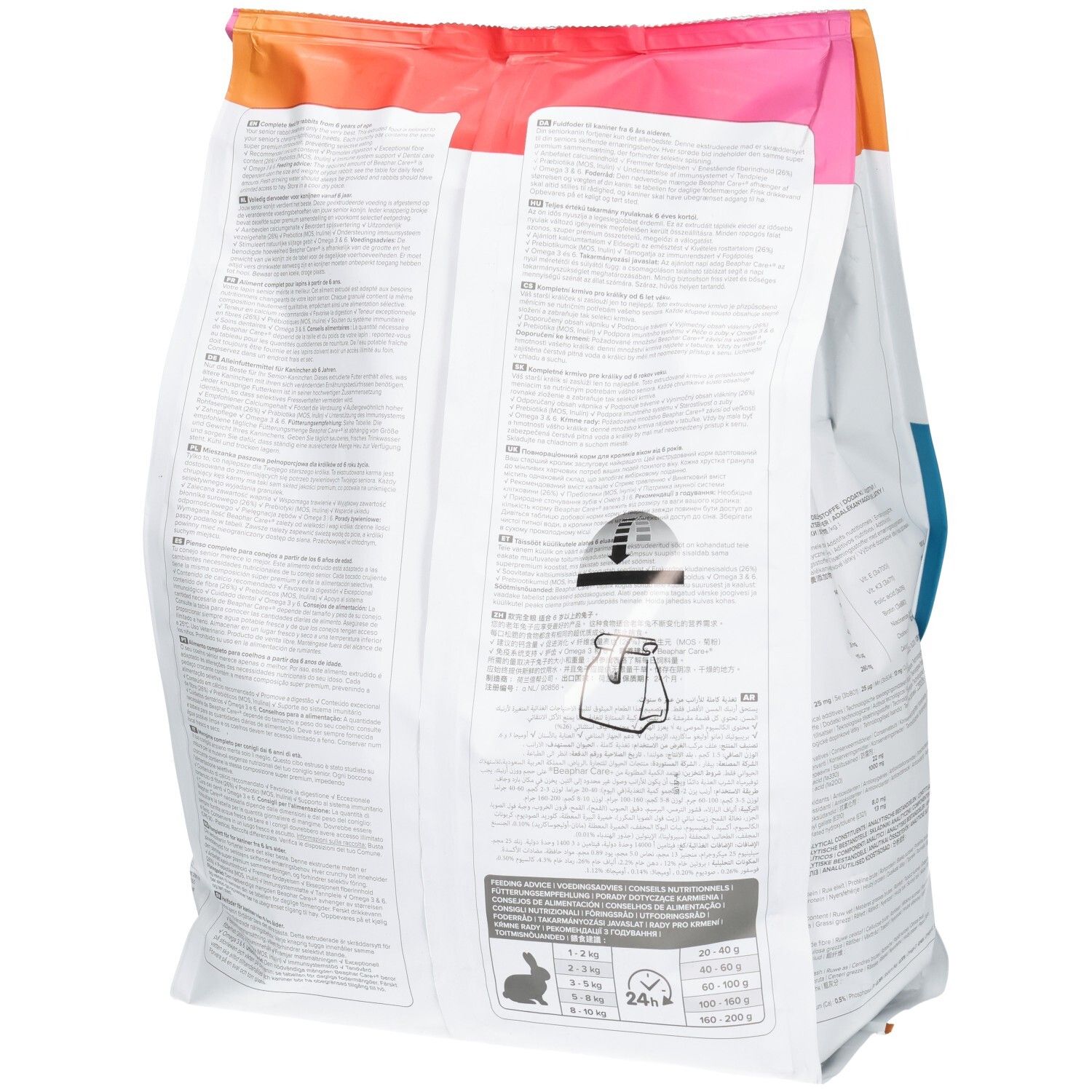 Vue latérale d'un sac de Beaphar Care+ Senior pour lapins, avec informations détaillées.