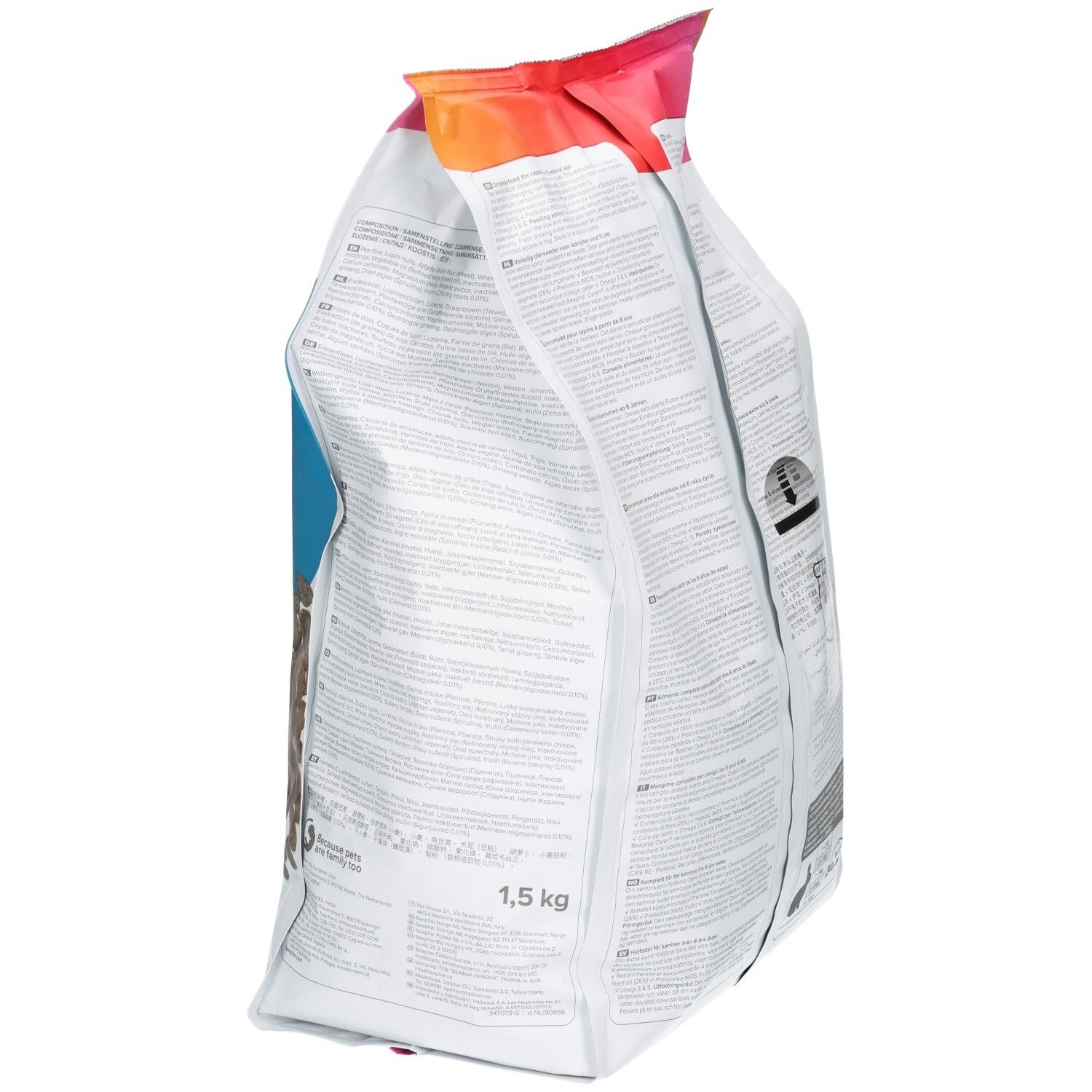 Vue latérale d'un sac de Beaphar Care+ Senior pour lapins, 1,5 kg.