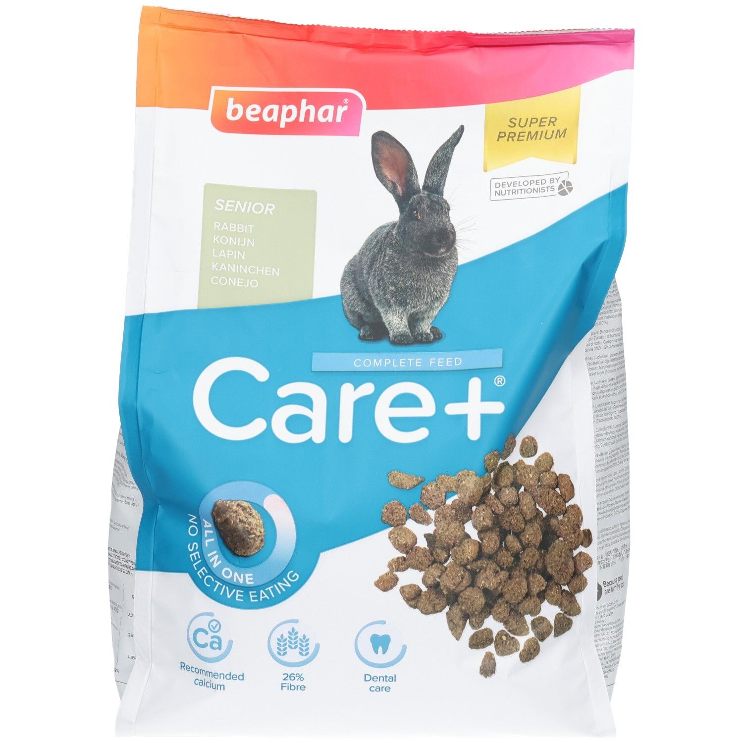 Sac de 1,5 kg de Beaphar Care+ Senior pour lapins, avec image de lapin et granulés.