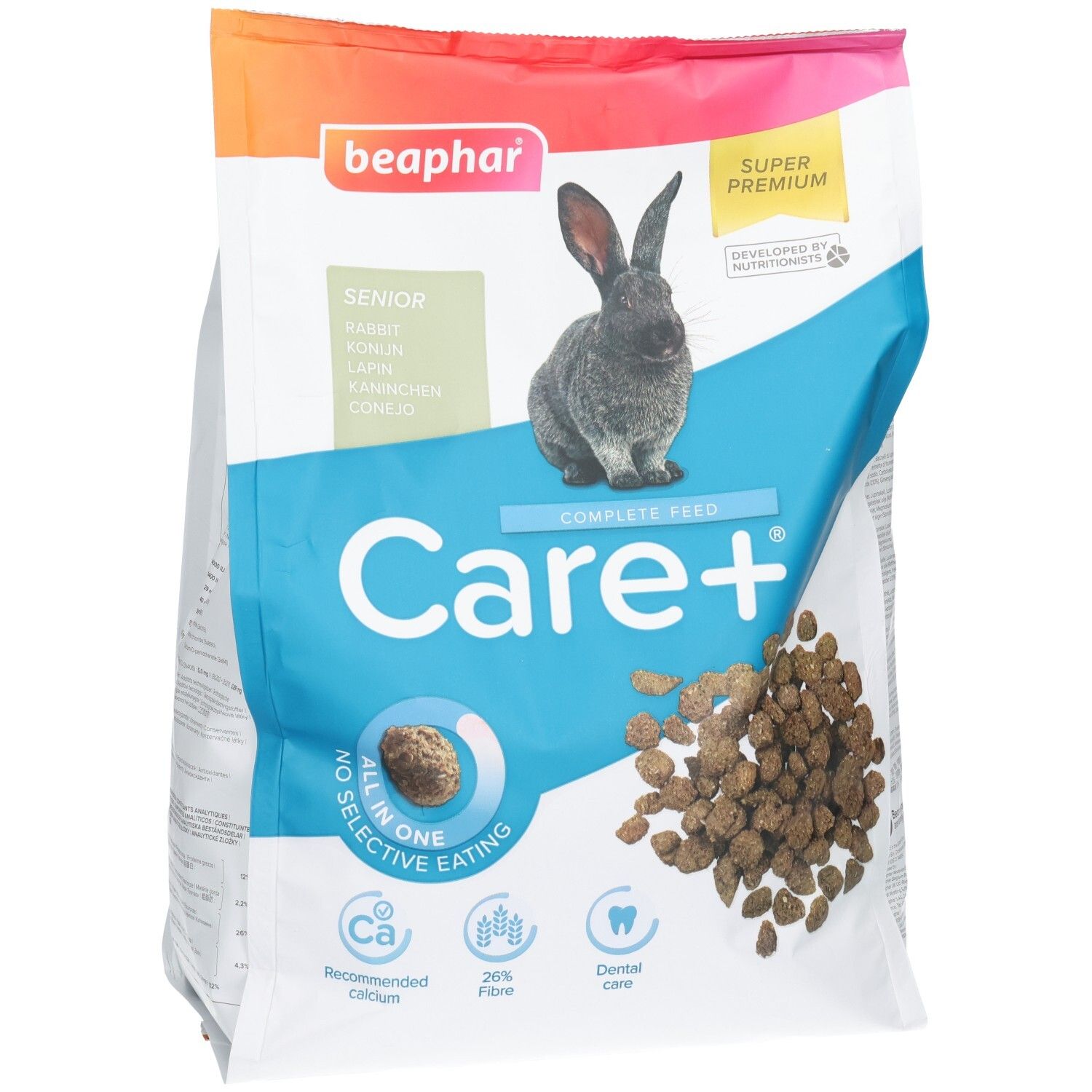 Sac de 1,5 kg de Beaphar Care+ Senior pour lapins, avec image de lapin et granulés.