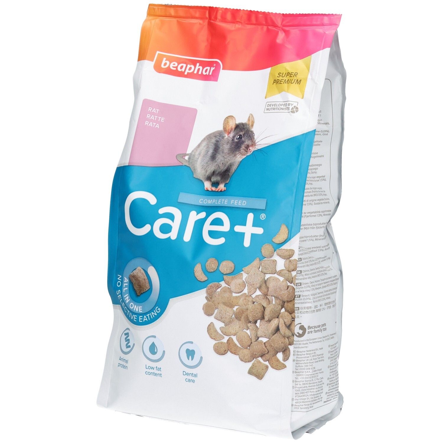 Sac d'aliments pour rats, marque Care+, avec image de rat et granulés.