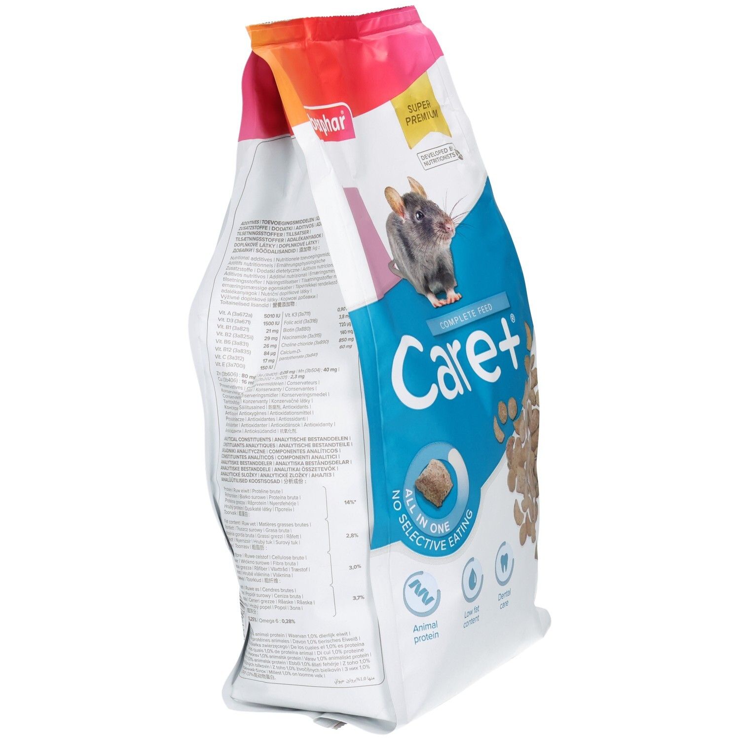 Vue latérale d'un sac d'aliments pour rats, marque Care+, avec informations détaillées sur le produit.