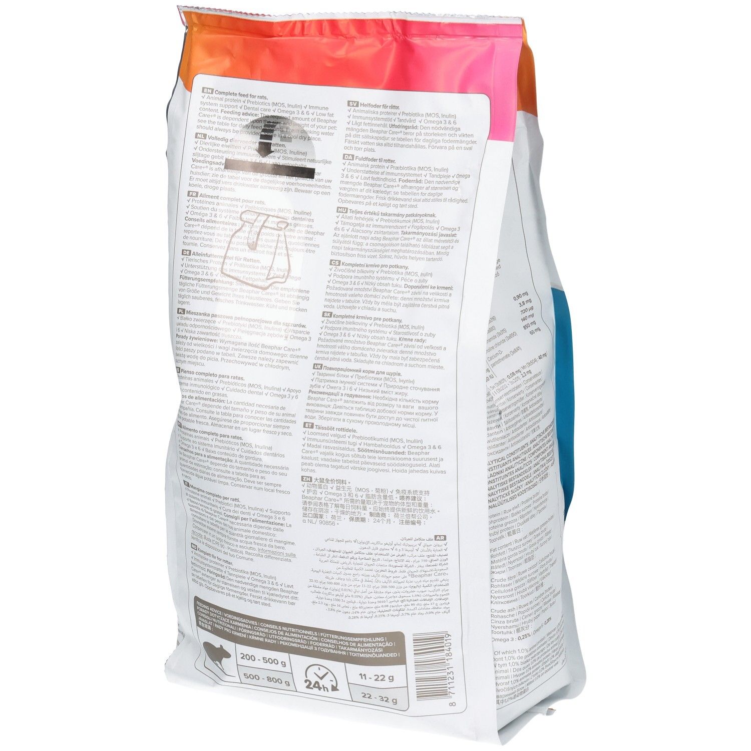 Arrière d'un sac d'aliments pour rats, marque Care+, avec instructions de préparation et informations nutritionnelles.