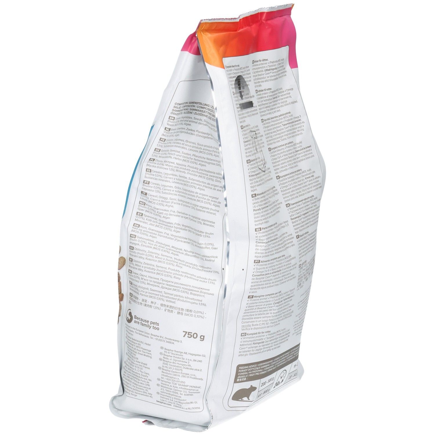 Vue latérale d'un sac d'aliments pour rats, marque Care+, mettant en évidence les détails de l'emballage et le texte.
