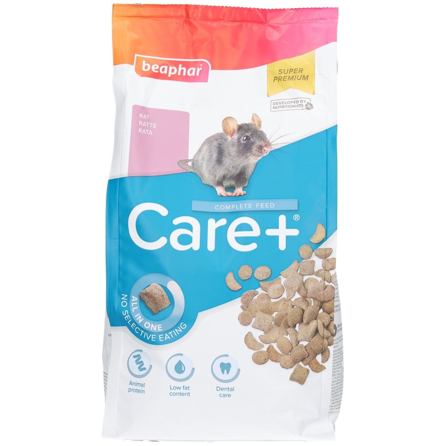 Sac d'aliments pour rats, marque Care+, avec image de rat et granulés.