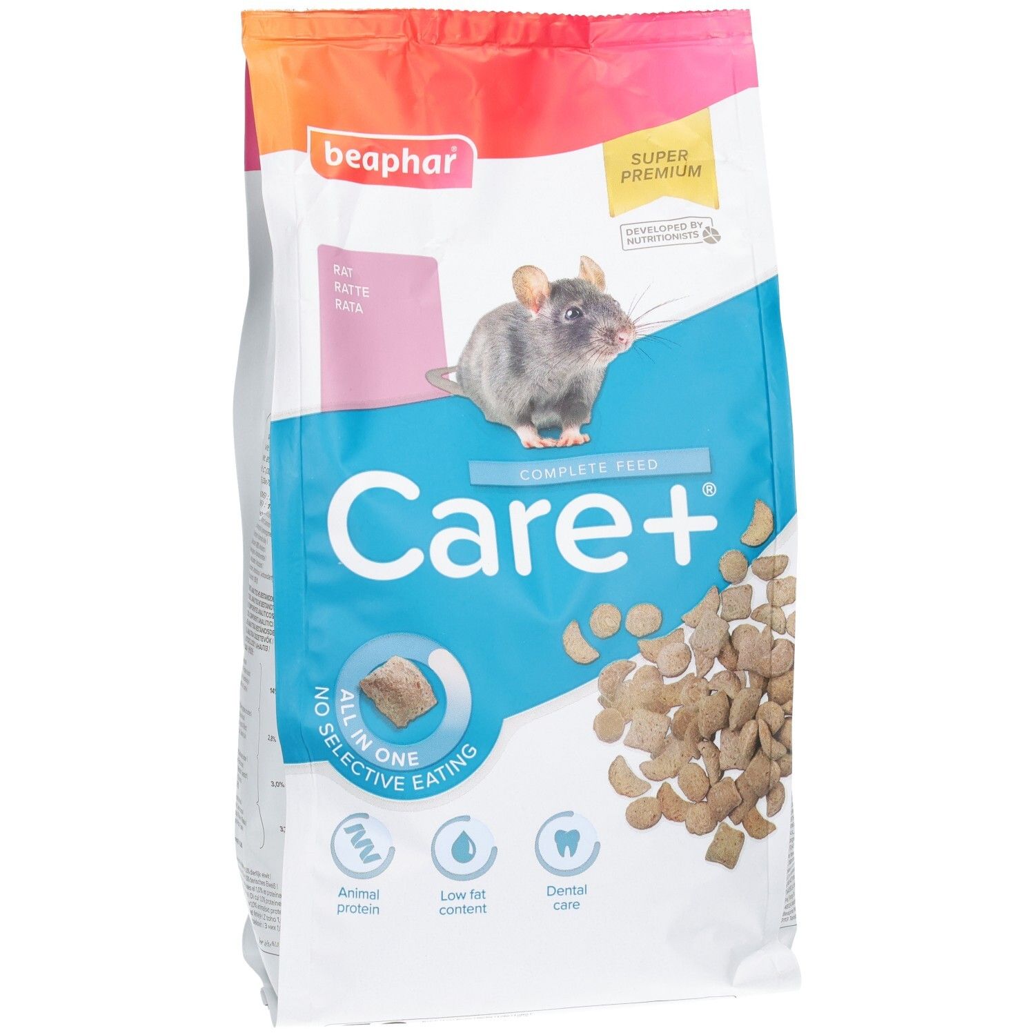 Sac d'aliments pour rats, marque Care+, avec image de rat et granulés.
