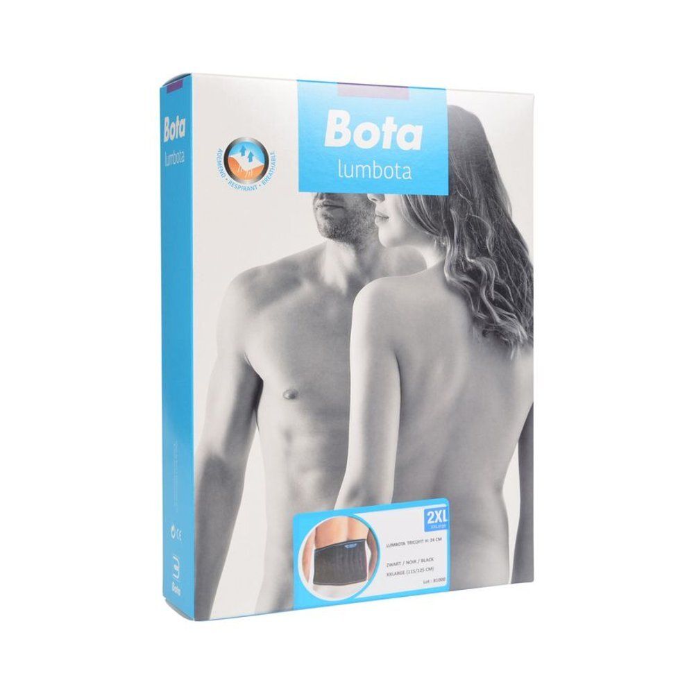Emballage Bota lumbota. Homme et femme représentés. Nom du produit, taille 2XL et image du produit.