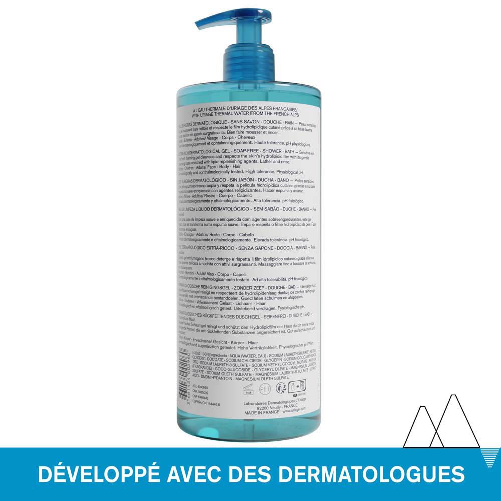 Produit et texte. Overvette dermatologische gel. Reinigt & beschermt. Tast de hydrolipidenfilm niet aan.