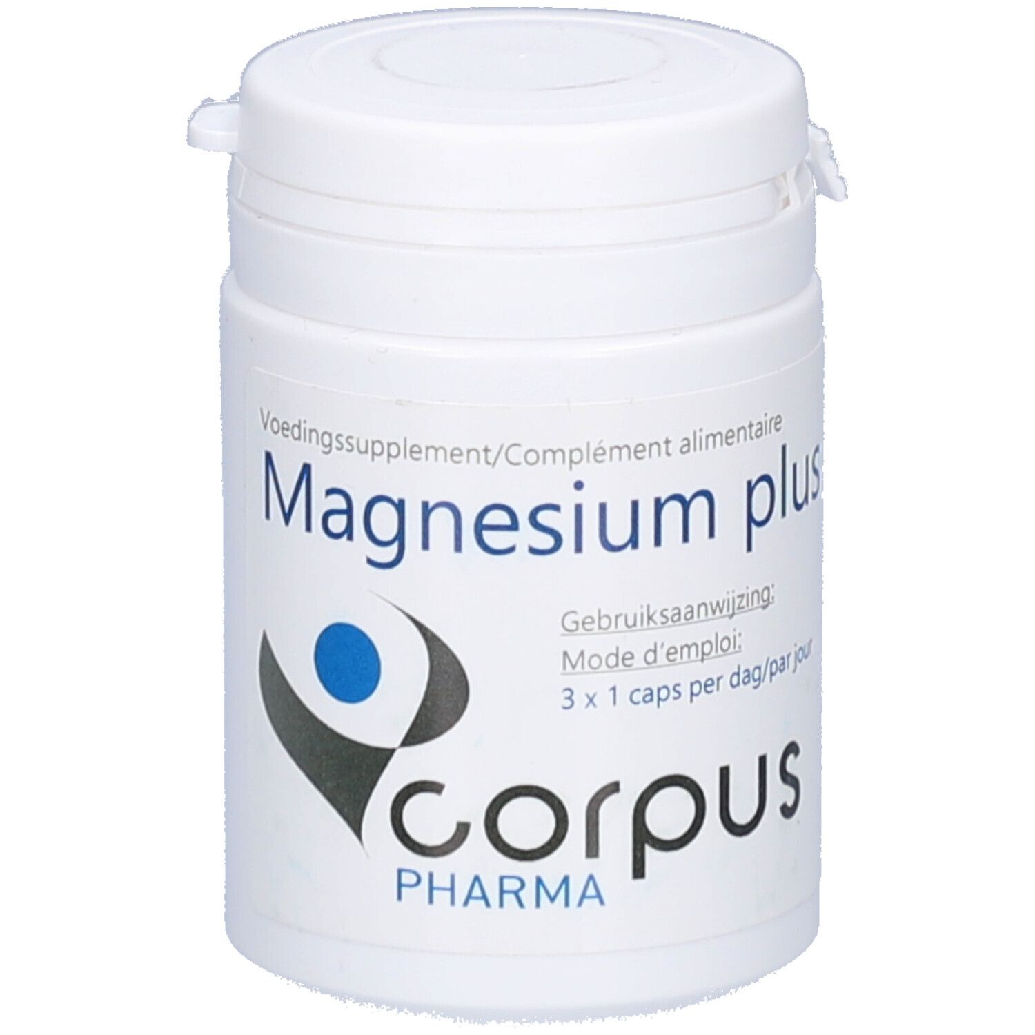 Boîte blanche avec couvercle. Inscription: Magnesium plus, Corpus Pharma. Graphique bleu et gris. Mode d'emploi.