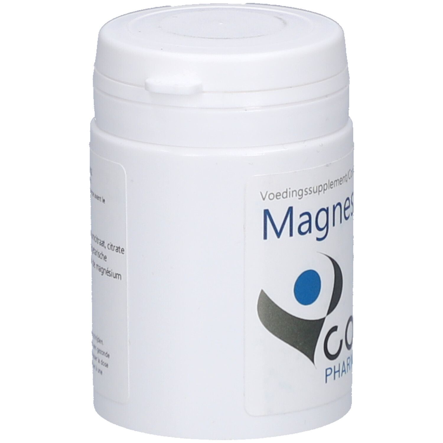 Boîte blanche avec couvercle. Inscription: Magnesium, Corpus Pharma. Graphique bleu et gris. Texte sur le côté.