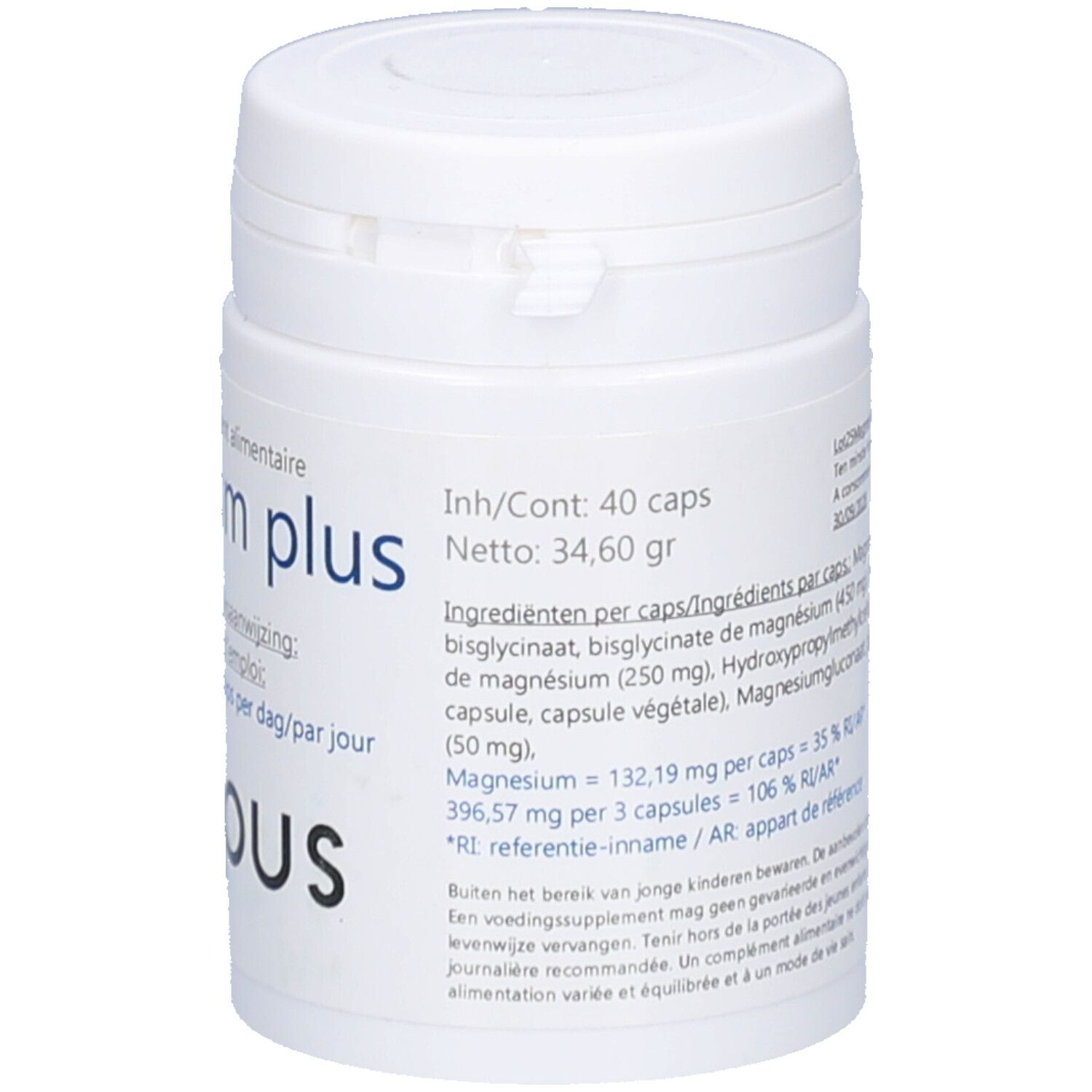 Boîte blanche avec couvercle. Inscription: Magnesium plus, Corpus Pharma. Ingrédients et poids net. 40 gélules.