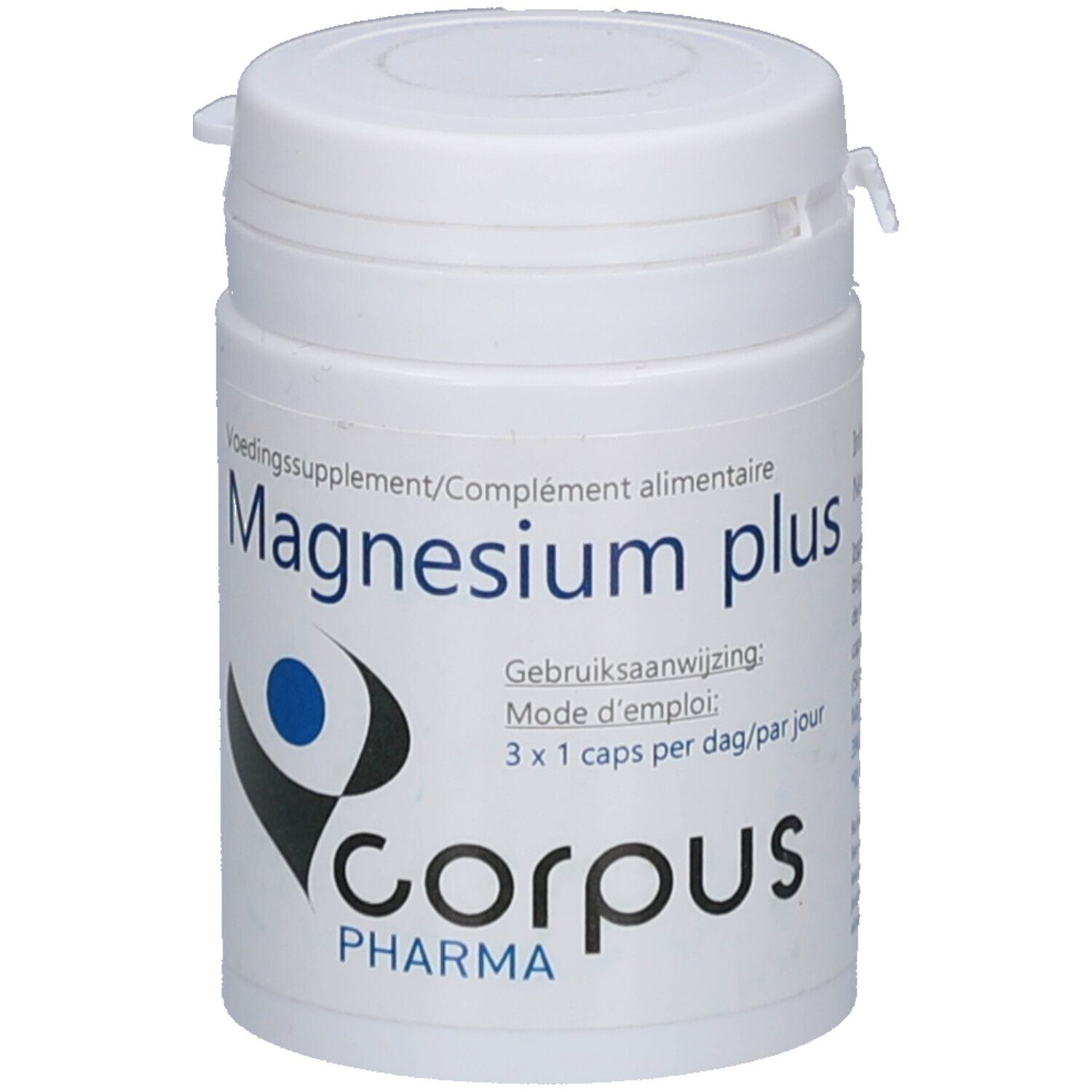 Boîte blanche avec couvercle. Inscription: Magnesium plus, Corpus Pharma. Graphique bleu et gris. Mode d'emploi.
