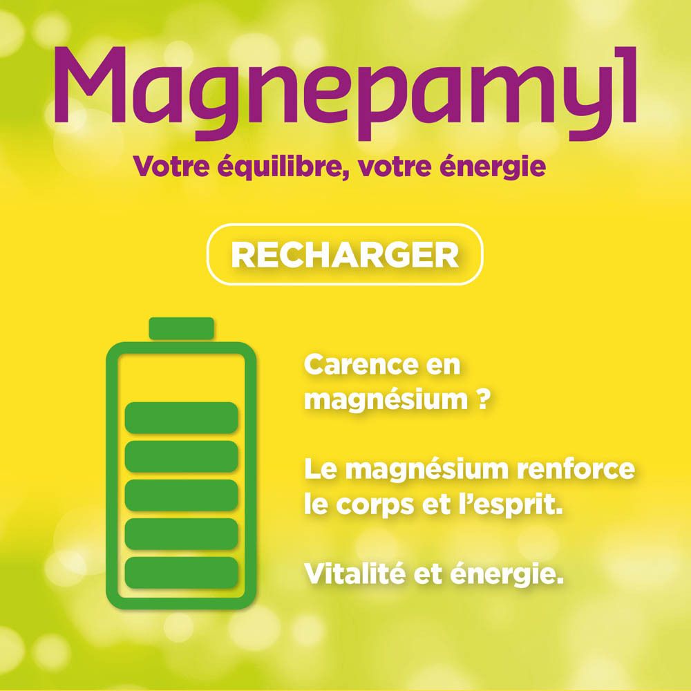 Fond jaune avec texte : Votre équilibre, votre énergie. Symbole de batterie. Texte : Carence en magnésium ?