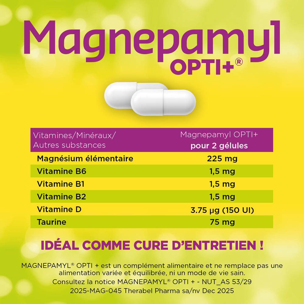 Deux gélules blanches. Tableau des ingrédients : Magnésium, vitamine B6, B1, B2, D, taurine.
