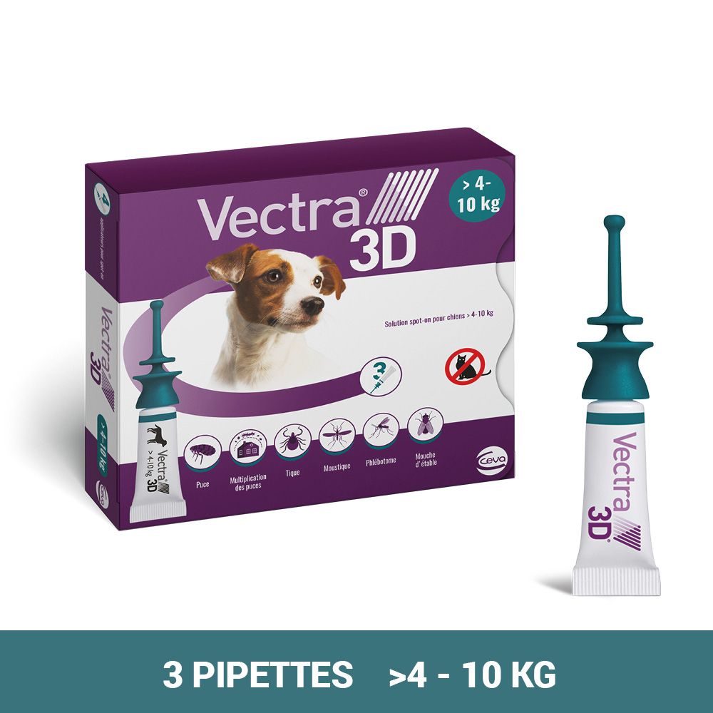 Boîte Vectra 3D. Contient 3 pipettes. Image d'un chien et informations produit.