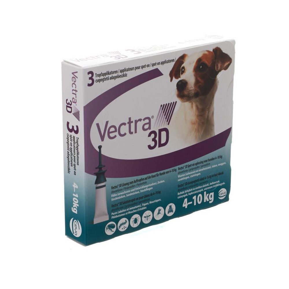 Boîte de Vectra 3D. Contient 3 applicateurs. Pour chiens de 4-10 kg. Image d'un chien sur l'emballage.