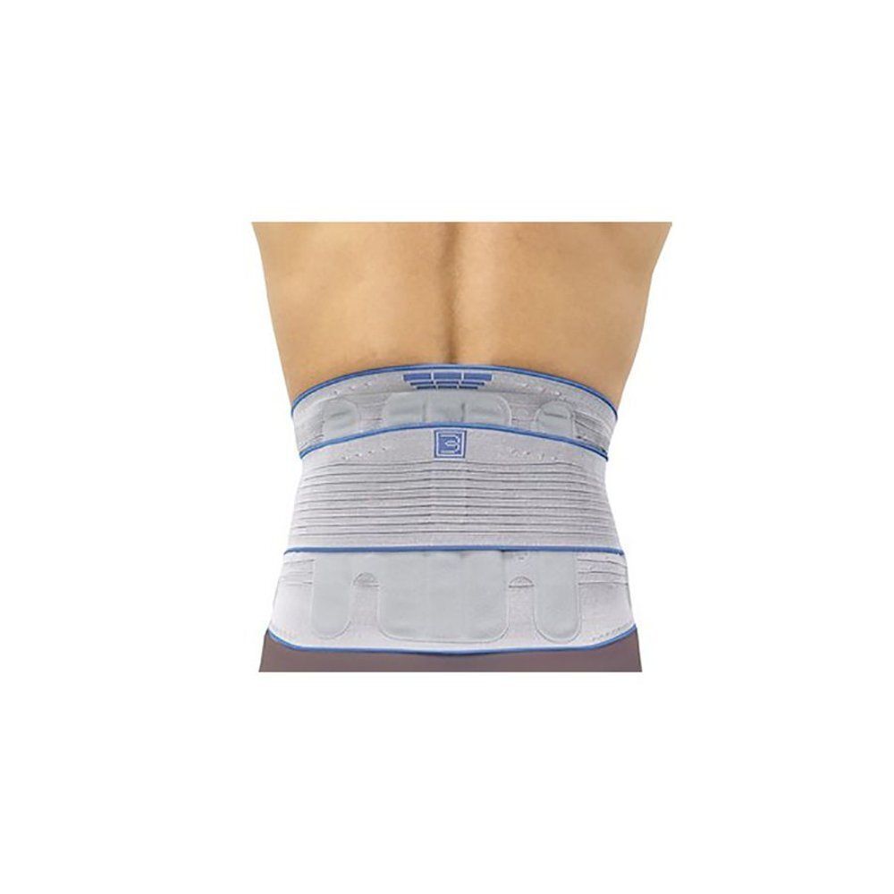 Ceinture dorsale Bota Lumbota CRX Extra Large Grau. Bandage gris avec détails bleus, vue arrière.