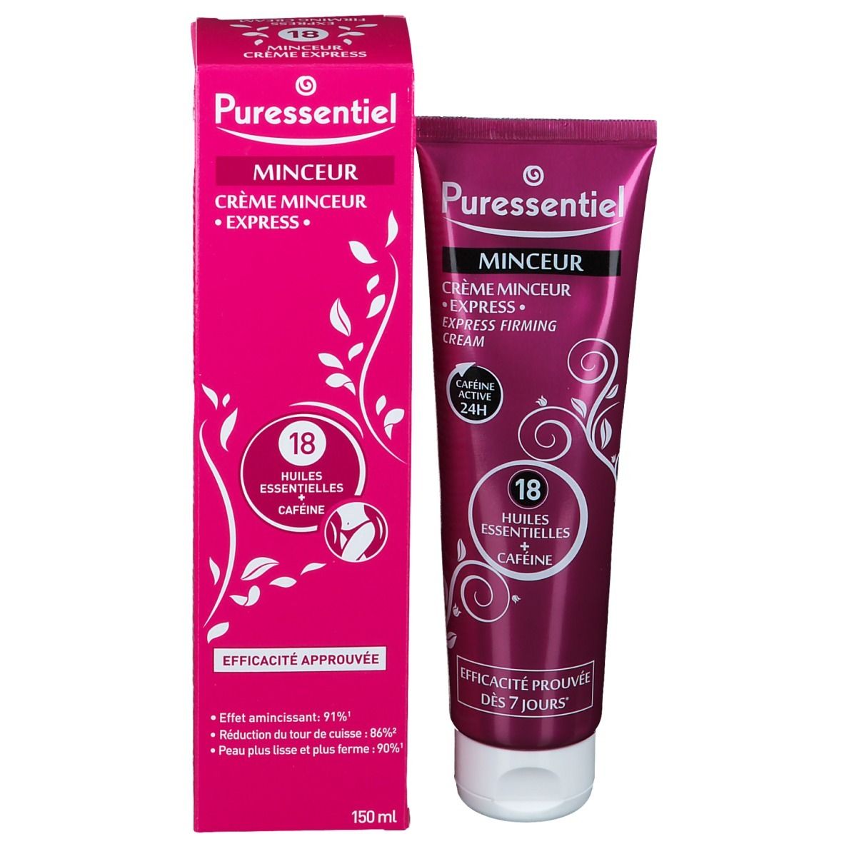 Emballage du produit avec tube et boîte. Les deux affichent le nom du produit et les ingrédients. Boîte : 150 ml.