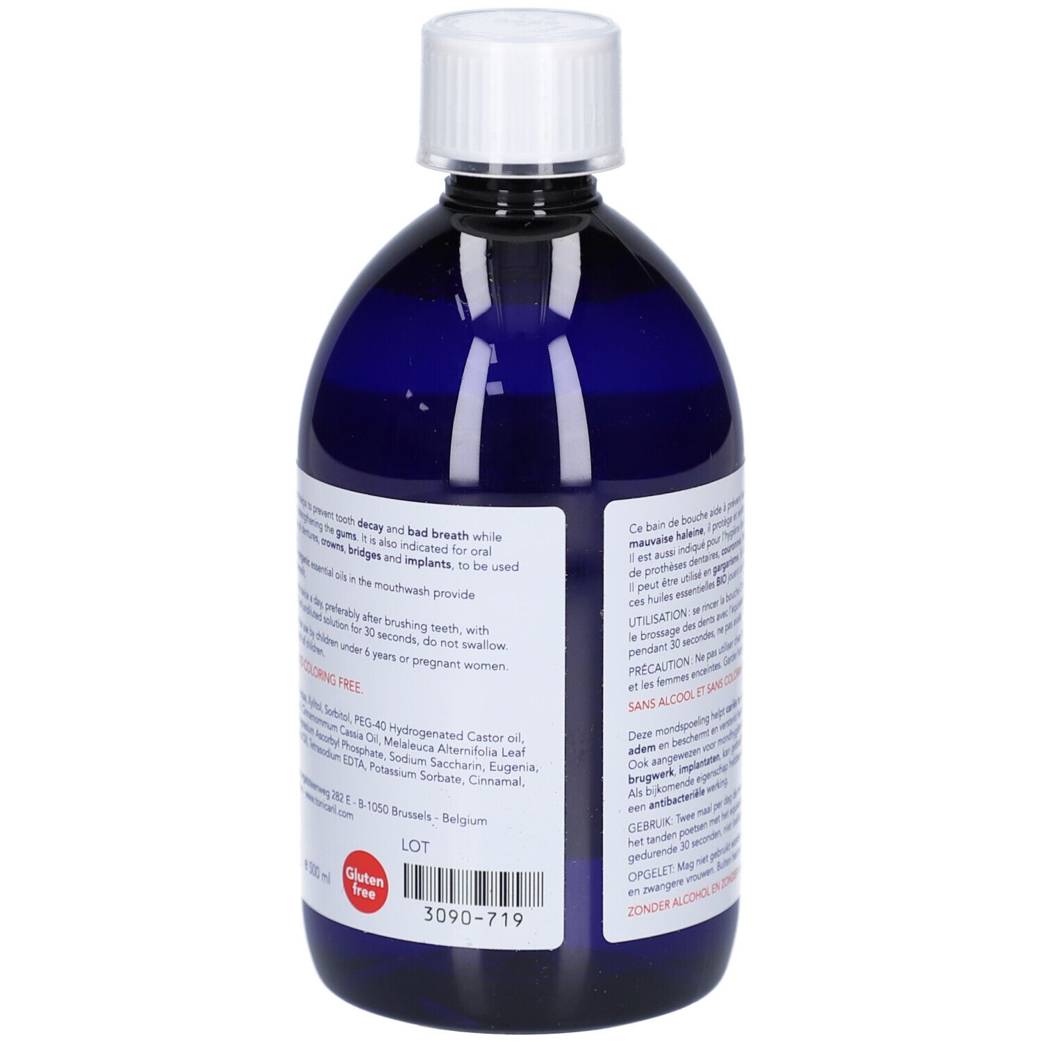 Dos du flacon bleu. Texte multilingue. Logo sans gluten. Numéro de lot.