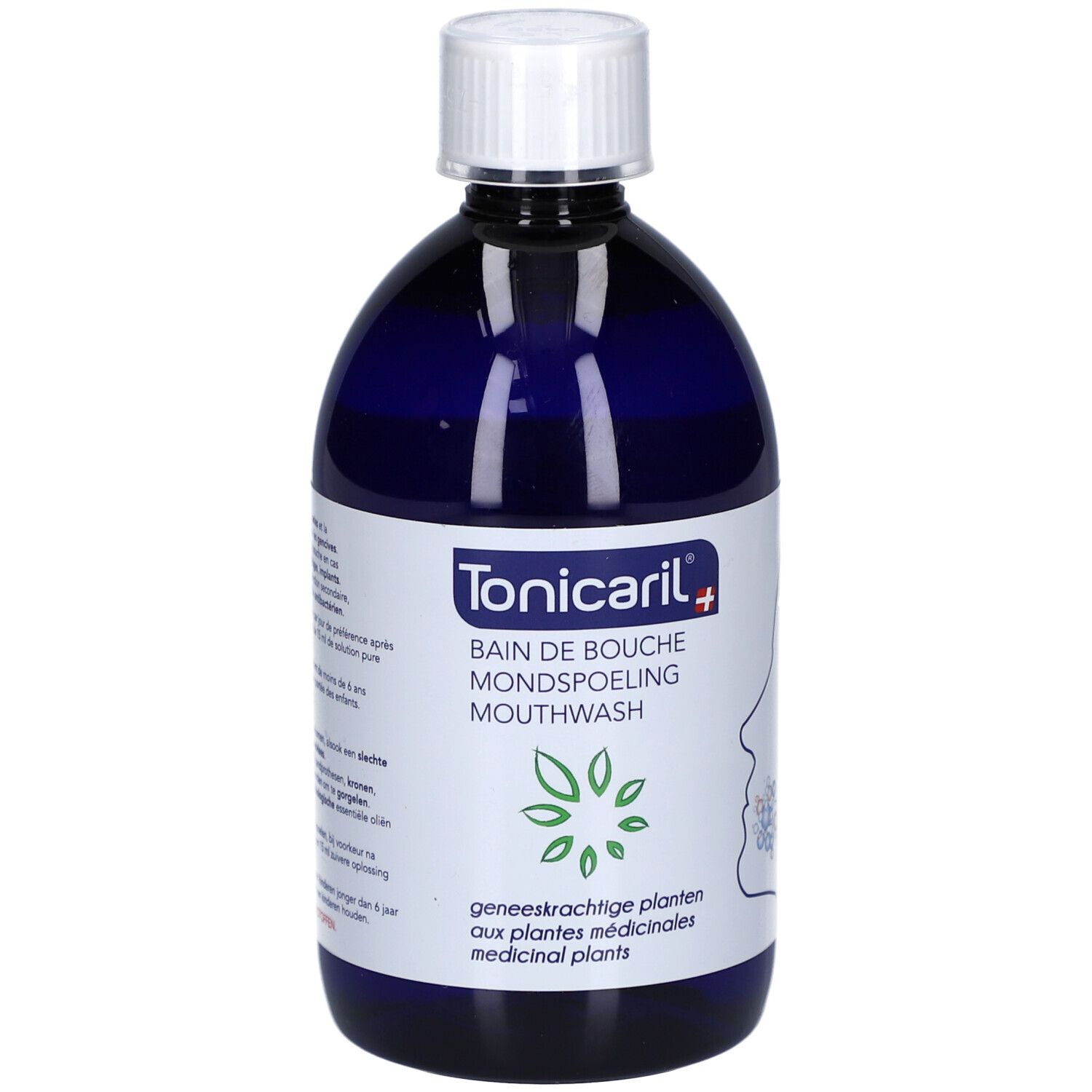 Flacon bleu avec bouchon blanc. Inscription: Tonicaril, Bain de Bouche, Mouthwash. Symbole de plantes.