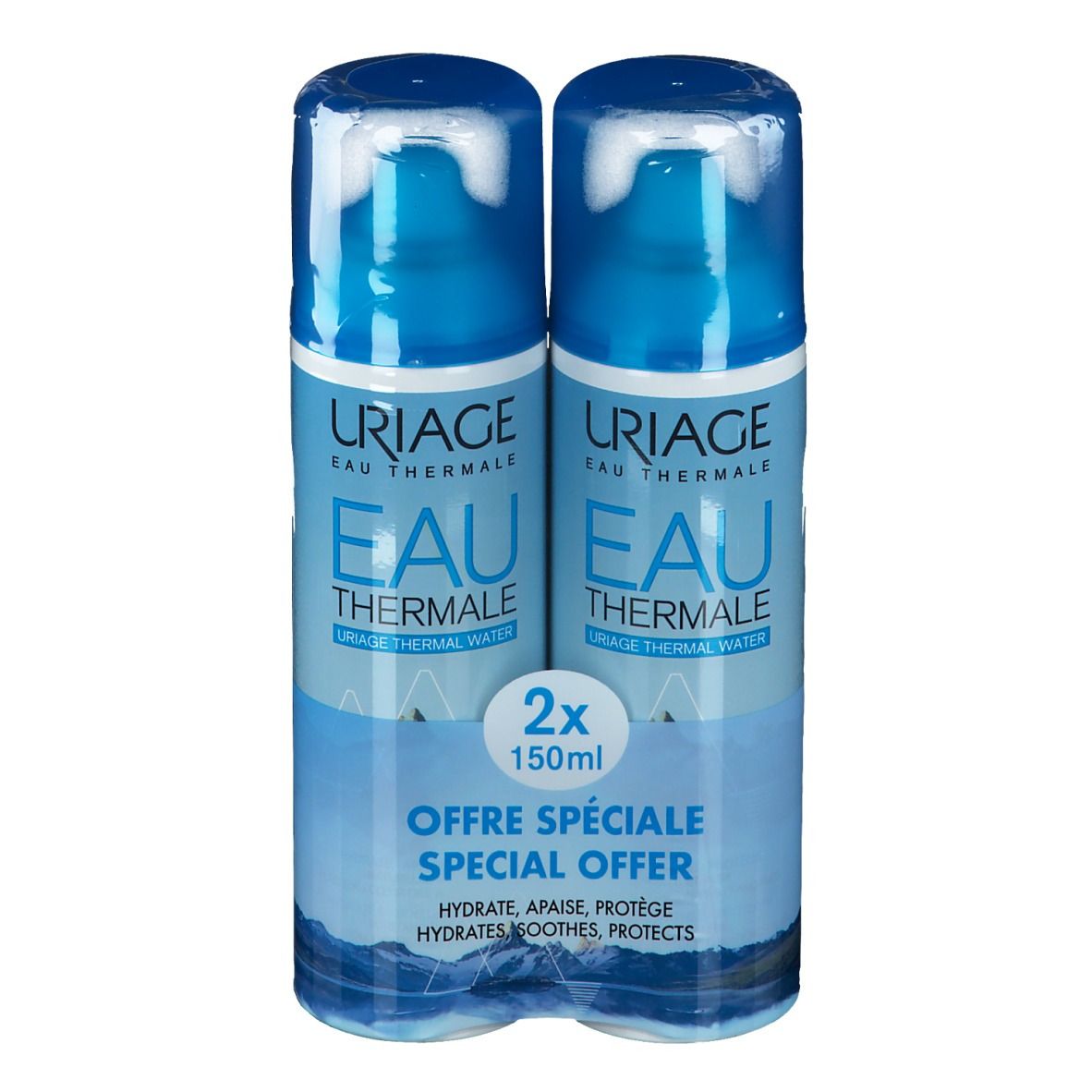 Deux flacons bleus en emballage plastique. Inscription: Uriage Eau Thermale, 2x150ml. Offre spéciale.
