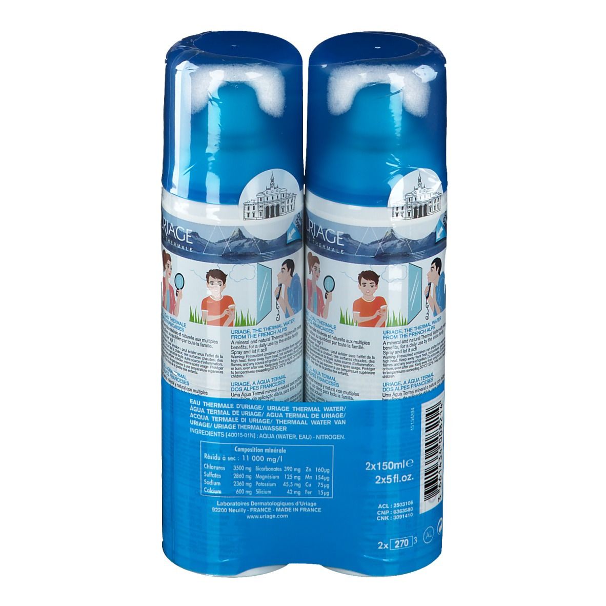 Dos des flacons. Inscriptions: Uriage Eau Thermale, ingrédients, instructions. 2x150ml.