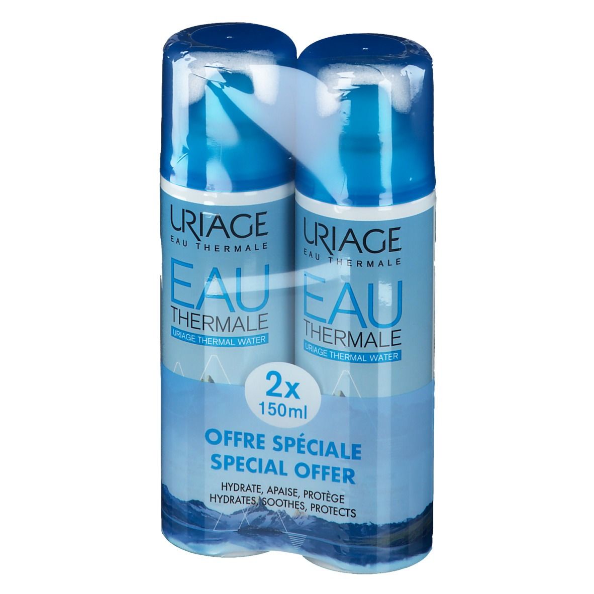 Deux flacons bleus en emballage plastique. Inscription: Uriage Eau Thermale, 2x150ml. Offre spéciale.