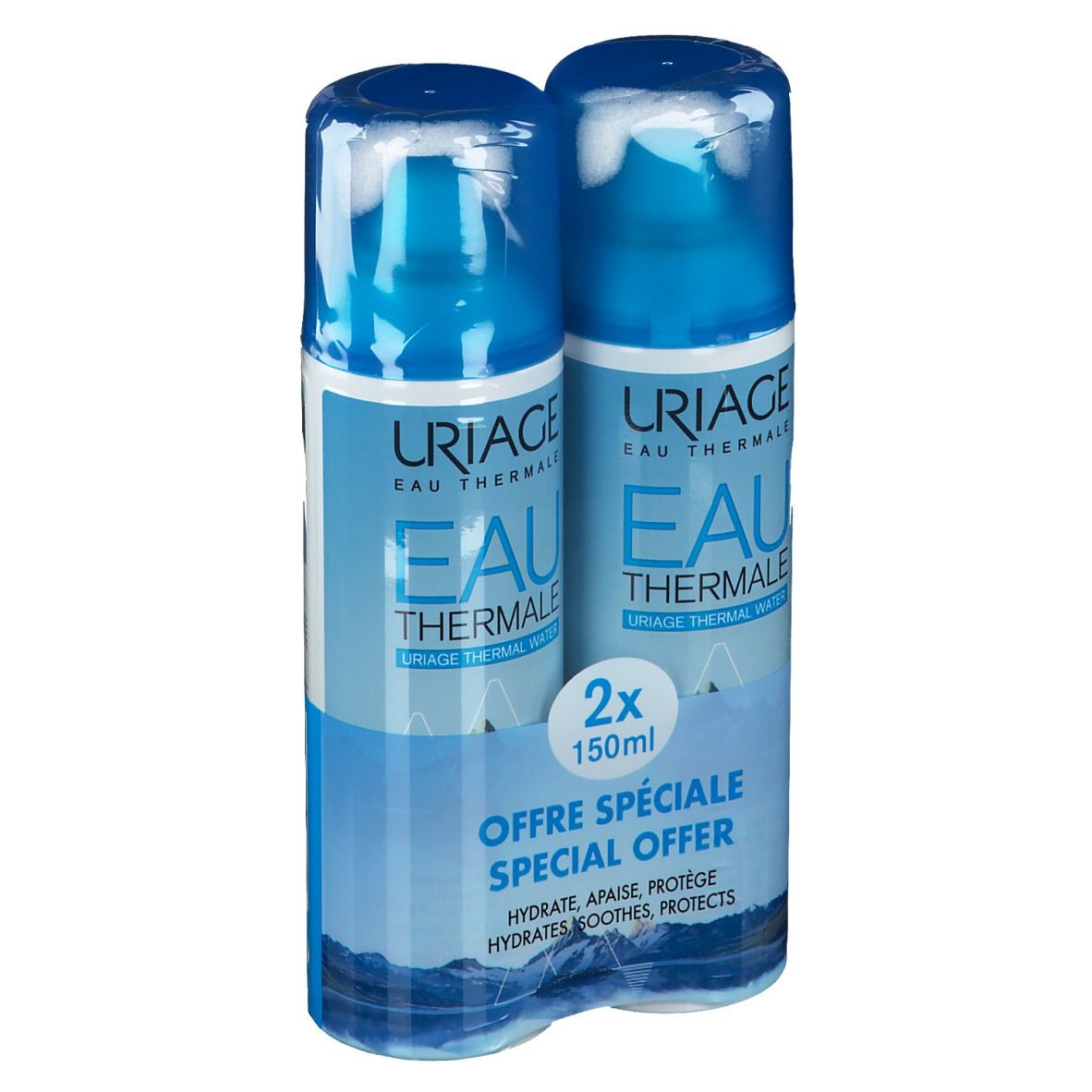Deux flacons bleus en emballage plastique. Inscription: Uriage Eau Thermale, 2x150ml. Offre spéciale.