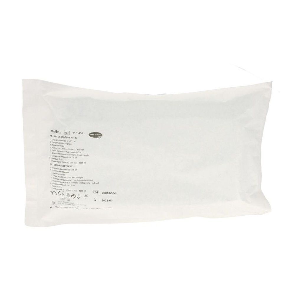 Sachet blanc avec informations produit. Texte incluant nom du produit, numéro de lot et certifications. Logo Hartmann.