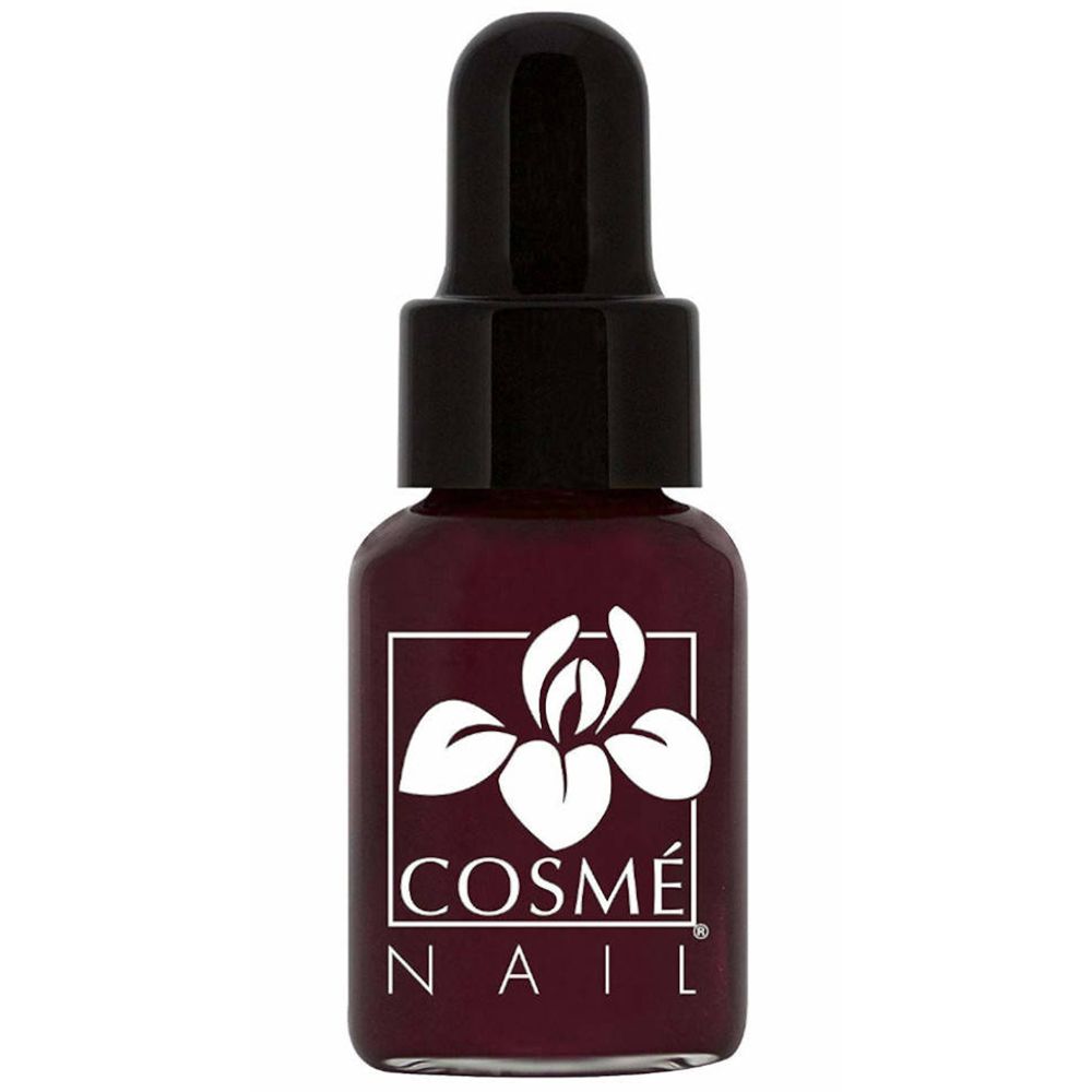Flacon de vernis à ongles avec bouchon et applicateur noirs. Étiquette: COSMÉ NAIL, logo et couleur du produit.