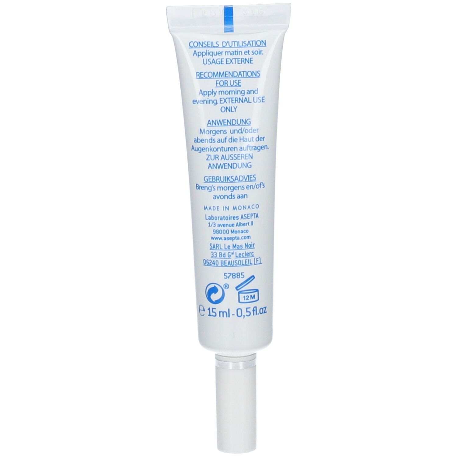 Tube blanc avec texte bleu. Inscriptions: Conseils d'utilisation, 15 ml, 0,5 fl.oz.