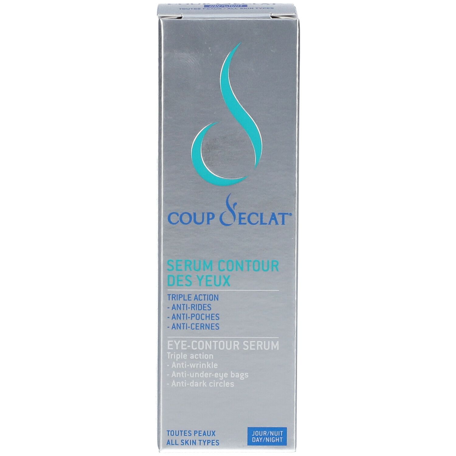 Emballage argenté. Texte: Coup d'Eclat, Sérum Contour des Yeux, Eye-Contour Serum.