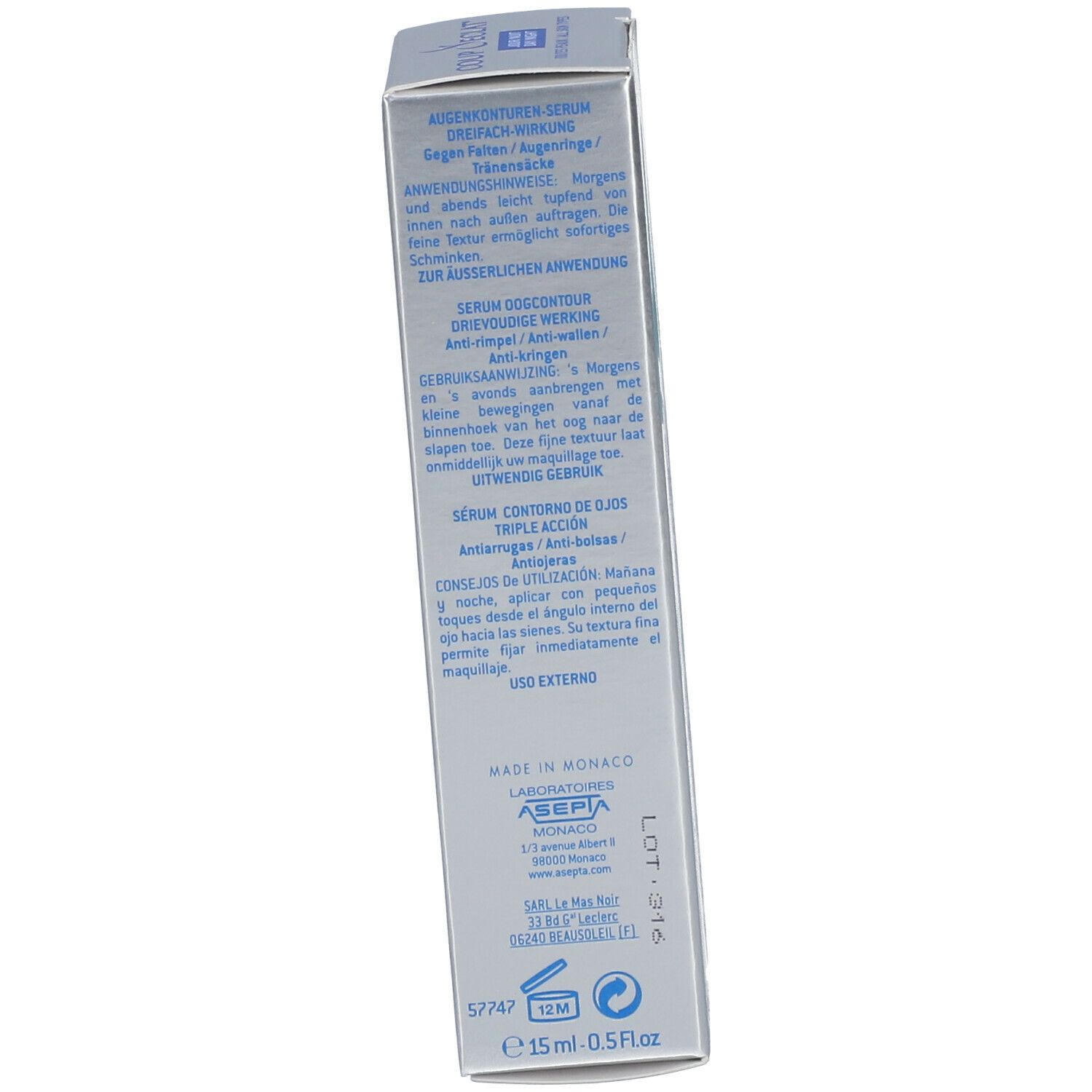 Dos de l'emballage. Texte: Sérum Contour des Yeux, conseils d'utilisation, 15 ml.