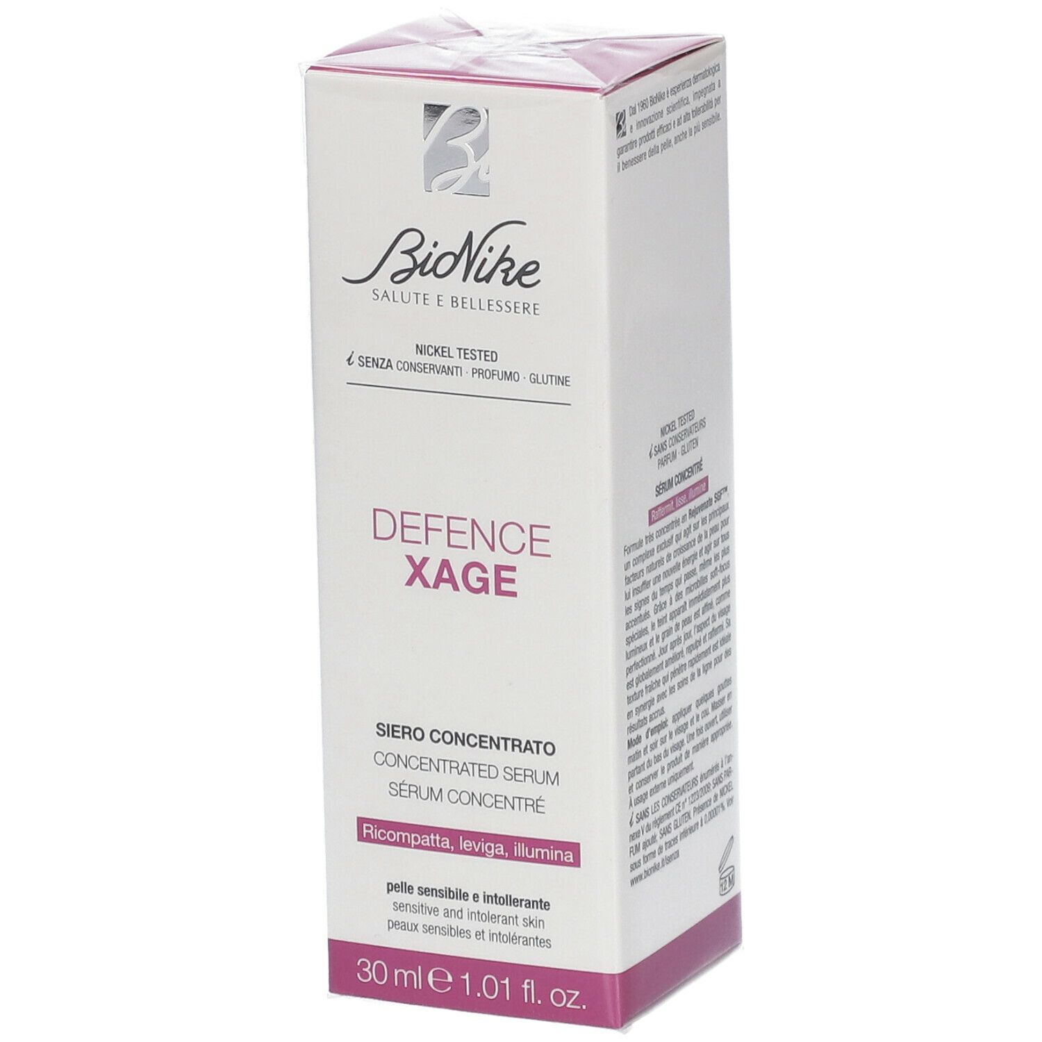 Emballage BioNike Defence Xage Sérum Concentré. Blanc, accents violets. Nom du produit et logo visibles.