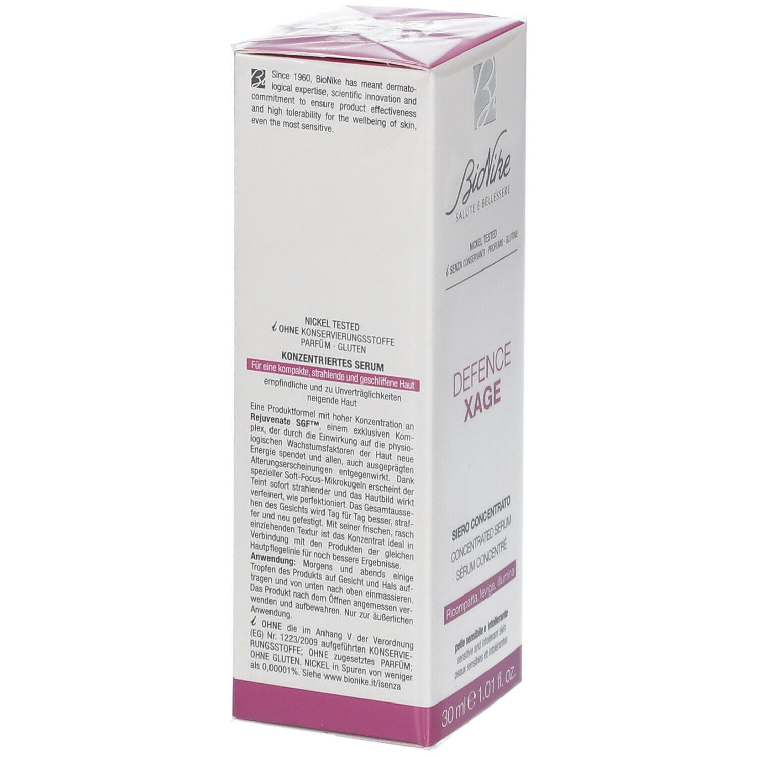 Emballage BioNike Defence Xage Sérum Concentré, vue latérale. Texte et logo visibles. Blanc avec accents violets.