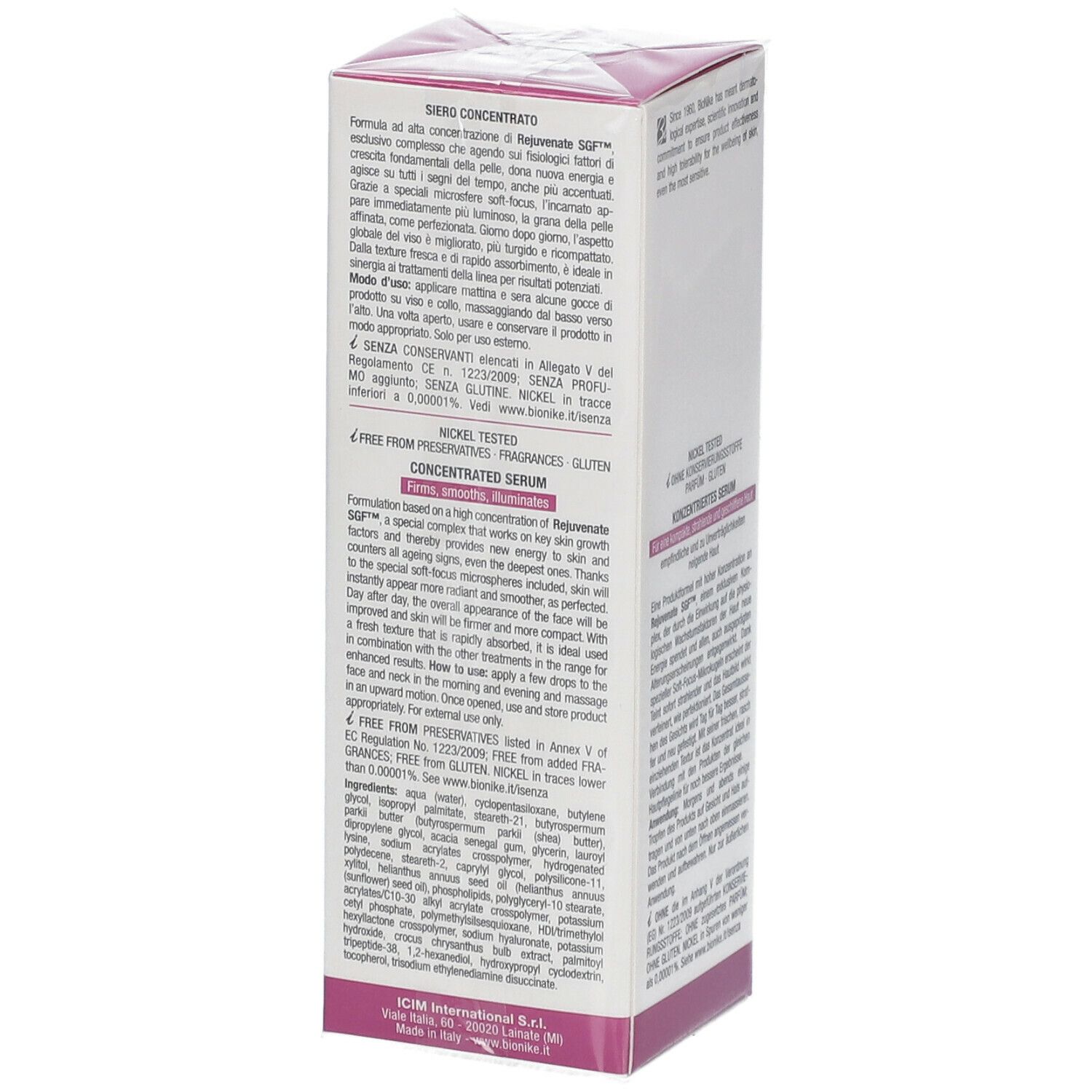Emballage BioNike Defence Xage Sérum Concentré. Arrière avec texte. Blanc avec accents violets. Informations produit.