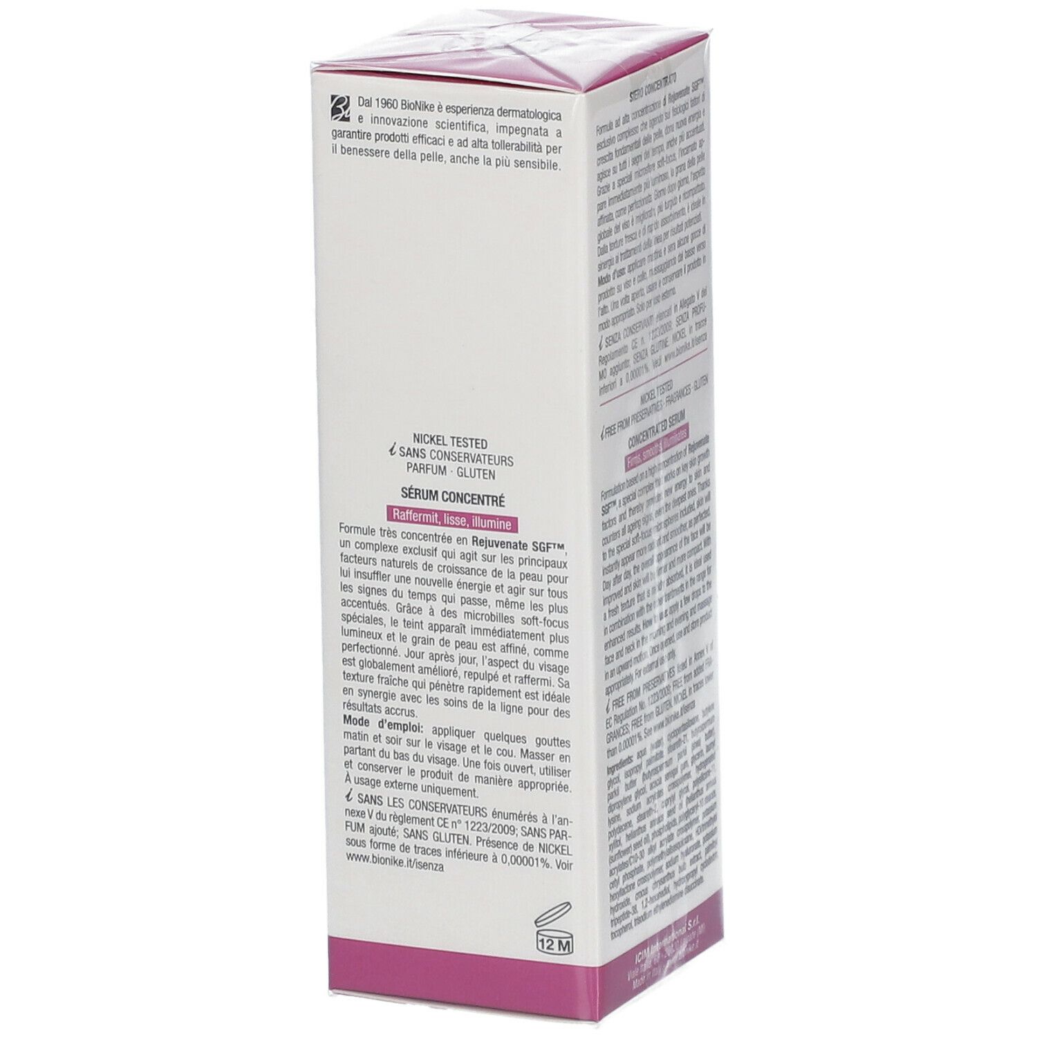 Emballage BioNike Defence Xage Sérum Concentré. Arrière avec texte. Blanc avec accents violets. Informations produit.