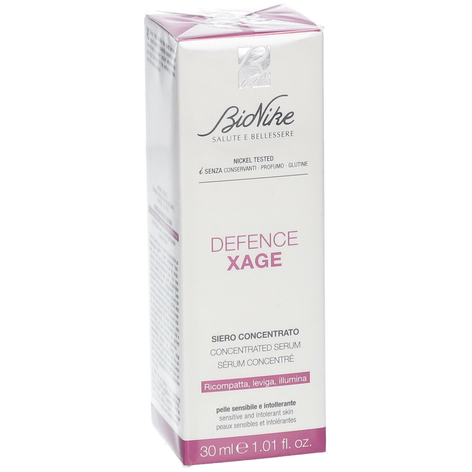 Emballage BioNike Defence Xage Sérum Concentré. Vue de face. Blanc avec accents violets. Nom et logo visibles.