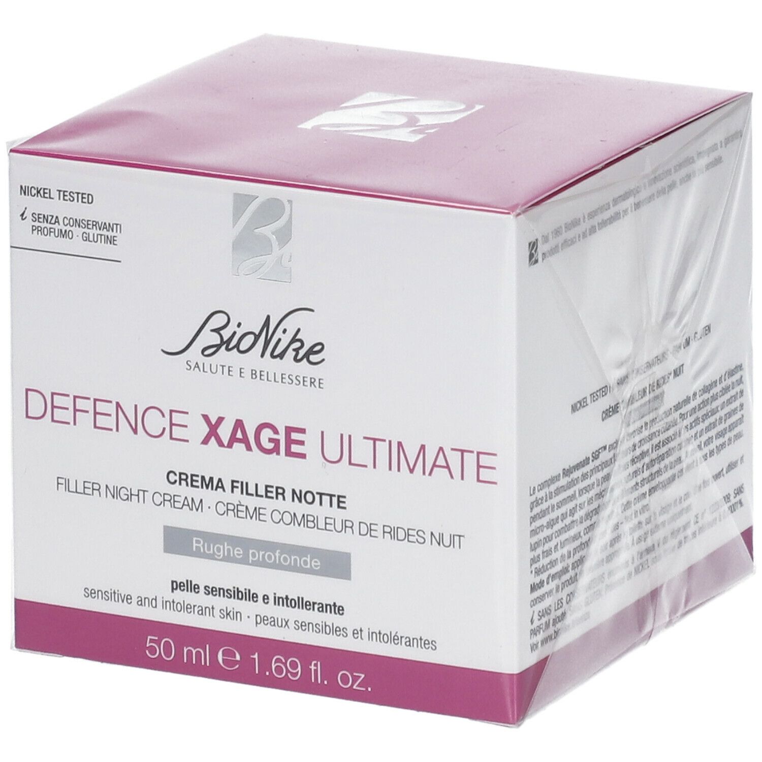 Boîte de crème de nuit BioNike DEFENCE XAGE Ultimate. Boîte rose et blanche avec nom et logo du produit. Testé au nickel.