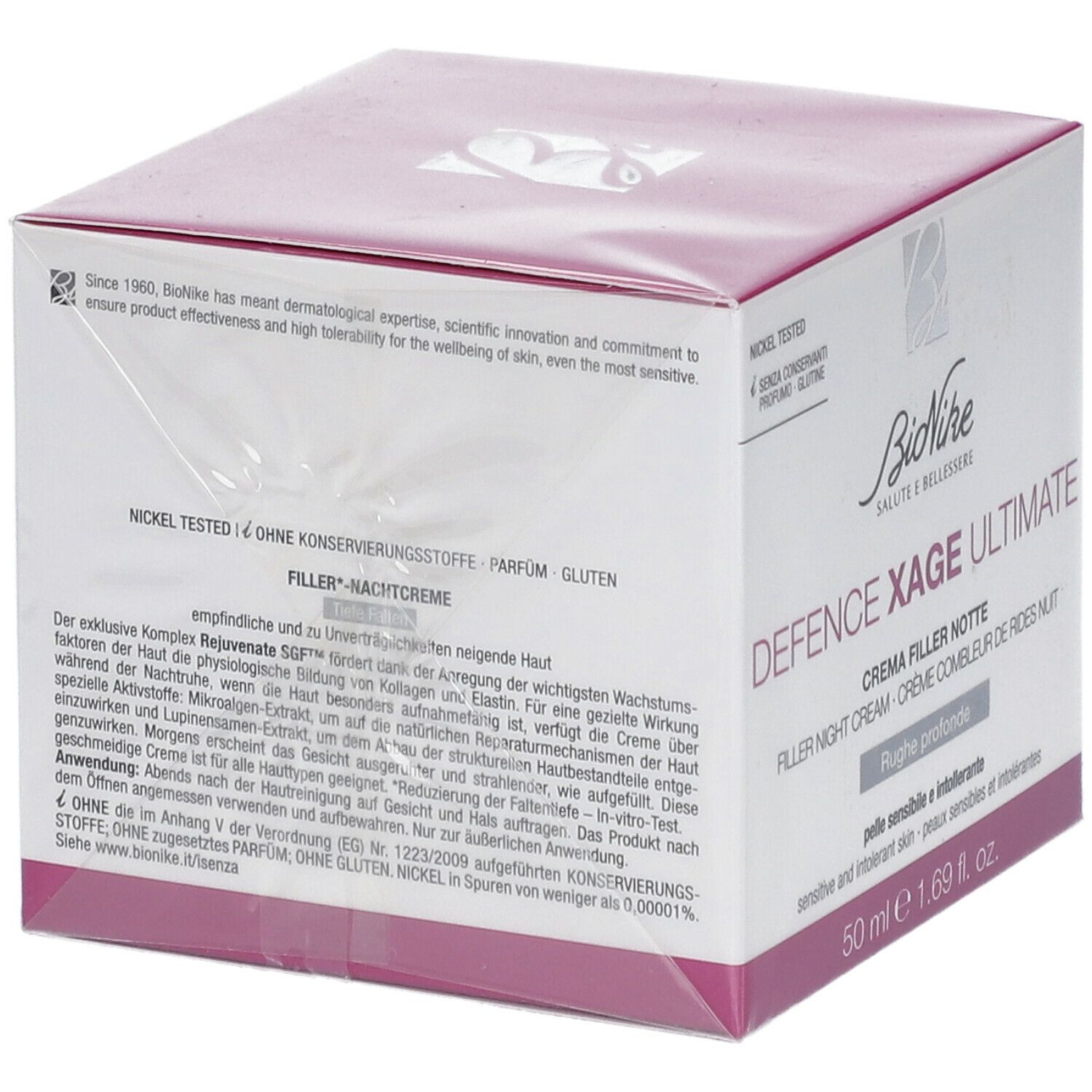 Emballage de la crème de nuit BioNike DEFENCE XAGE Ultimate. Dos de la boîte avec texte. Testé au nickel, sans conservateurs.