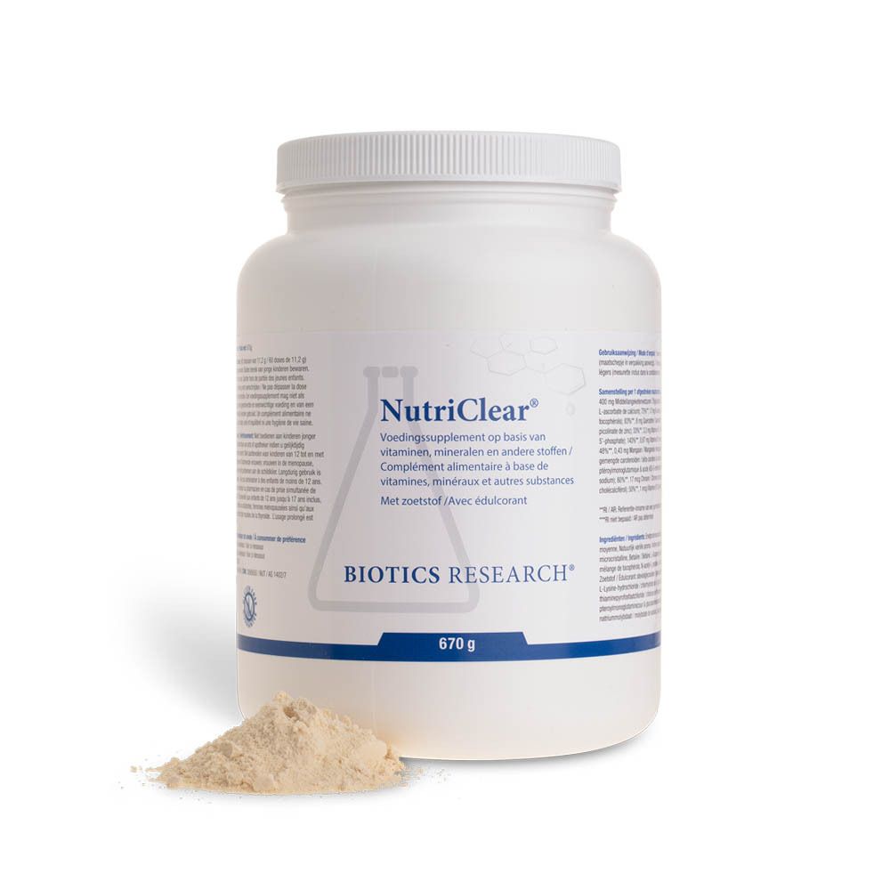Pot blanc avec bouchon à vis. Inscription NutriClear et Biotics Research. 670g. Poudre à côté.