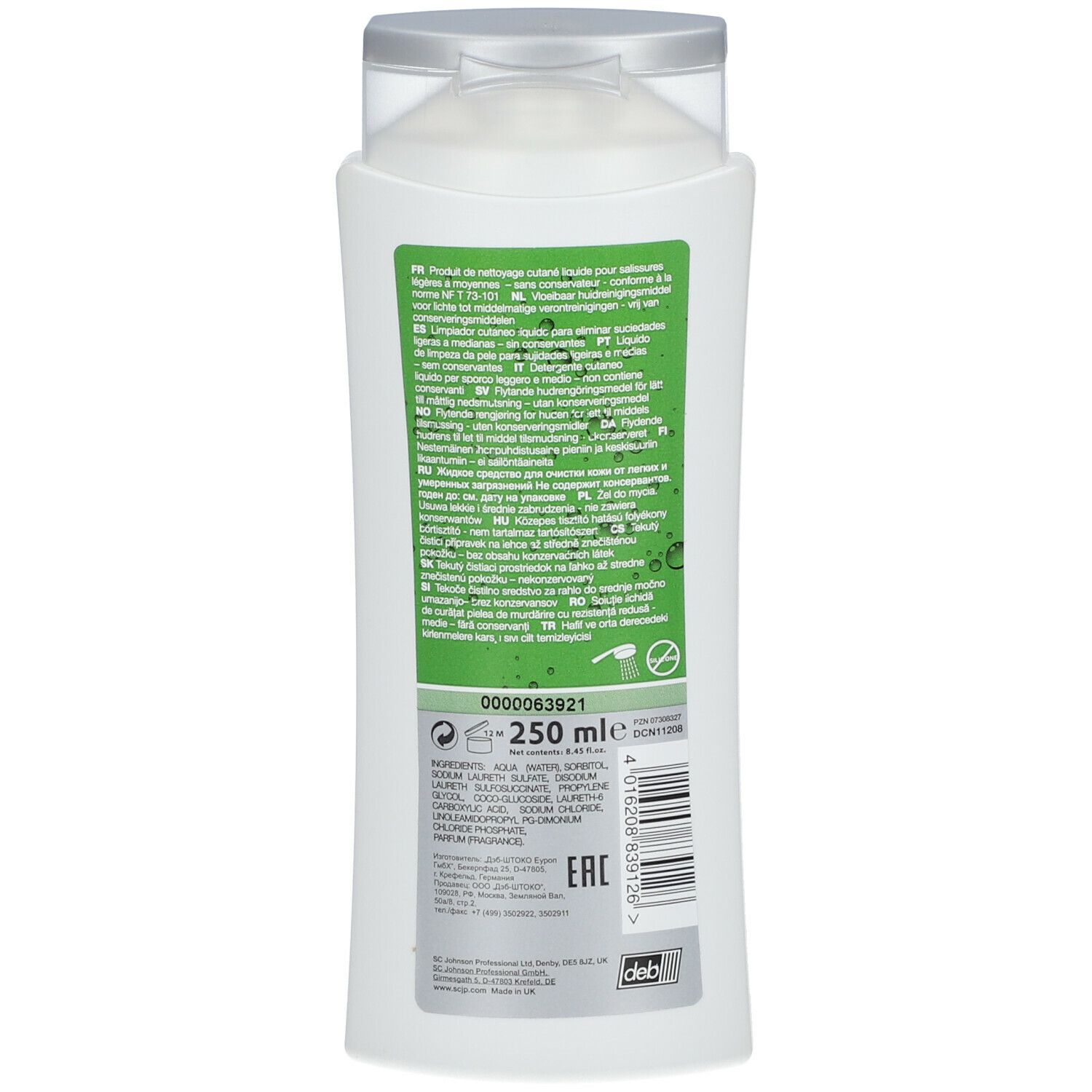 Dos du flacon blanc STOKO Estesol® Flüssige Hautreinigung. Étiquette verte avec texte et ingrédients. Texte noir.