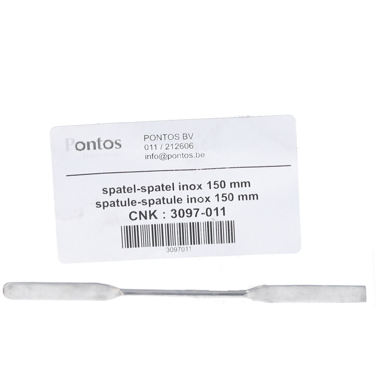 Spatule en inox avec extrémités rectangulaires et étiquette. Étiquette avec informations produit et code-barres.