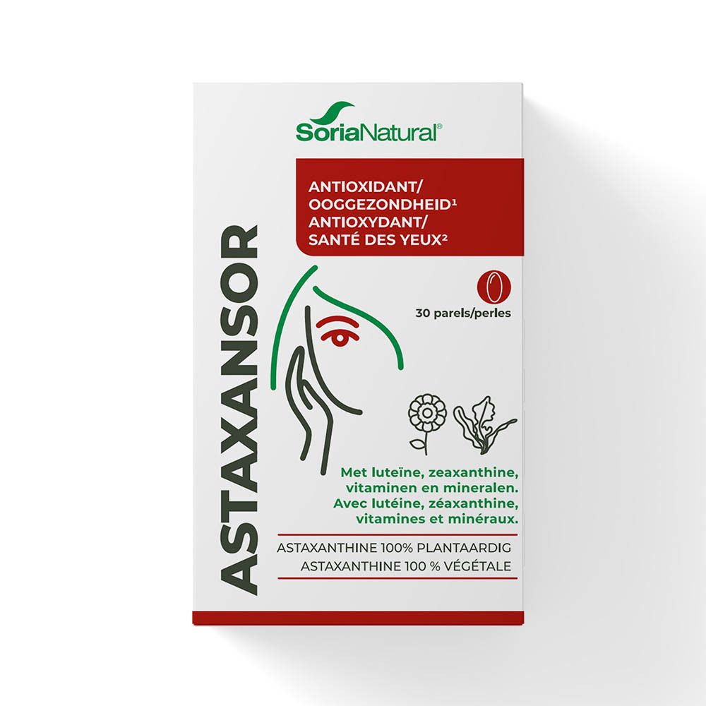 Emballage Astaxansor axé sur la santé oculaire, contient lutéine, zéaxanthine, vitamines et minéraux.