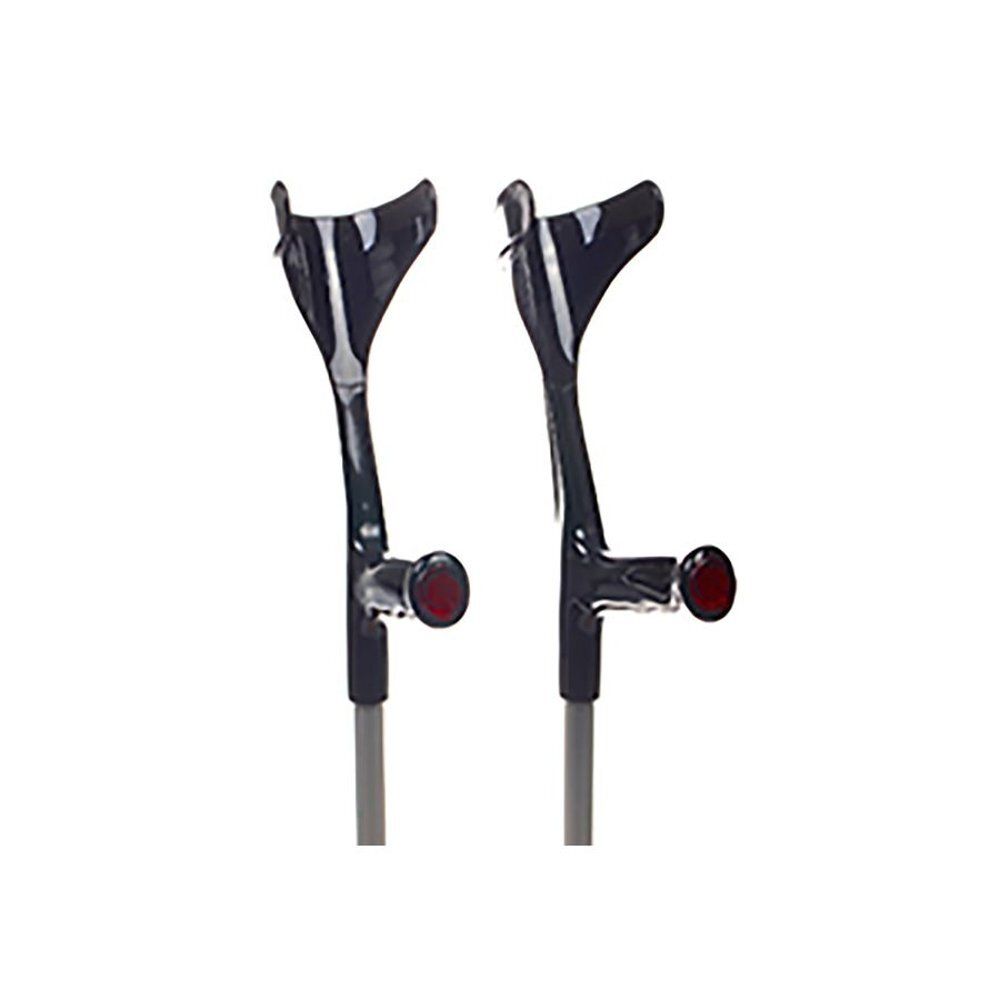 Paire de béquilles anglaises en aluminium noir et rouge. Poignées ergonomiques, supports rembourrés pour les bras. Réglables en hauteur.