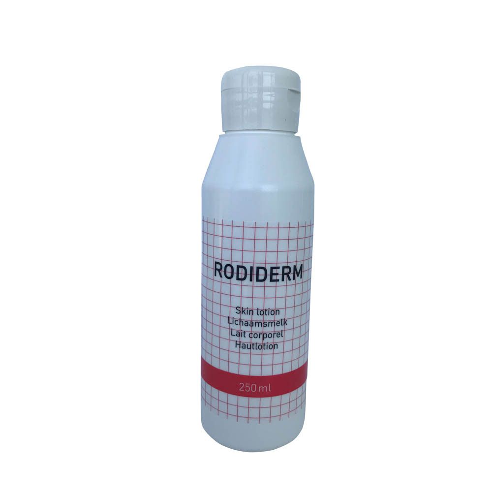 Flacon blanc avec bouchon rabattable. Inscription RODIDERM, Skin lotion, Lichaamsmelk, Lait corporel, Hautlotion. Bande rouge avec 250 ml.