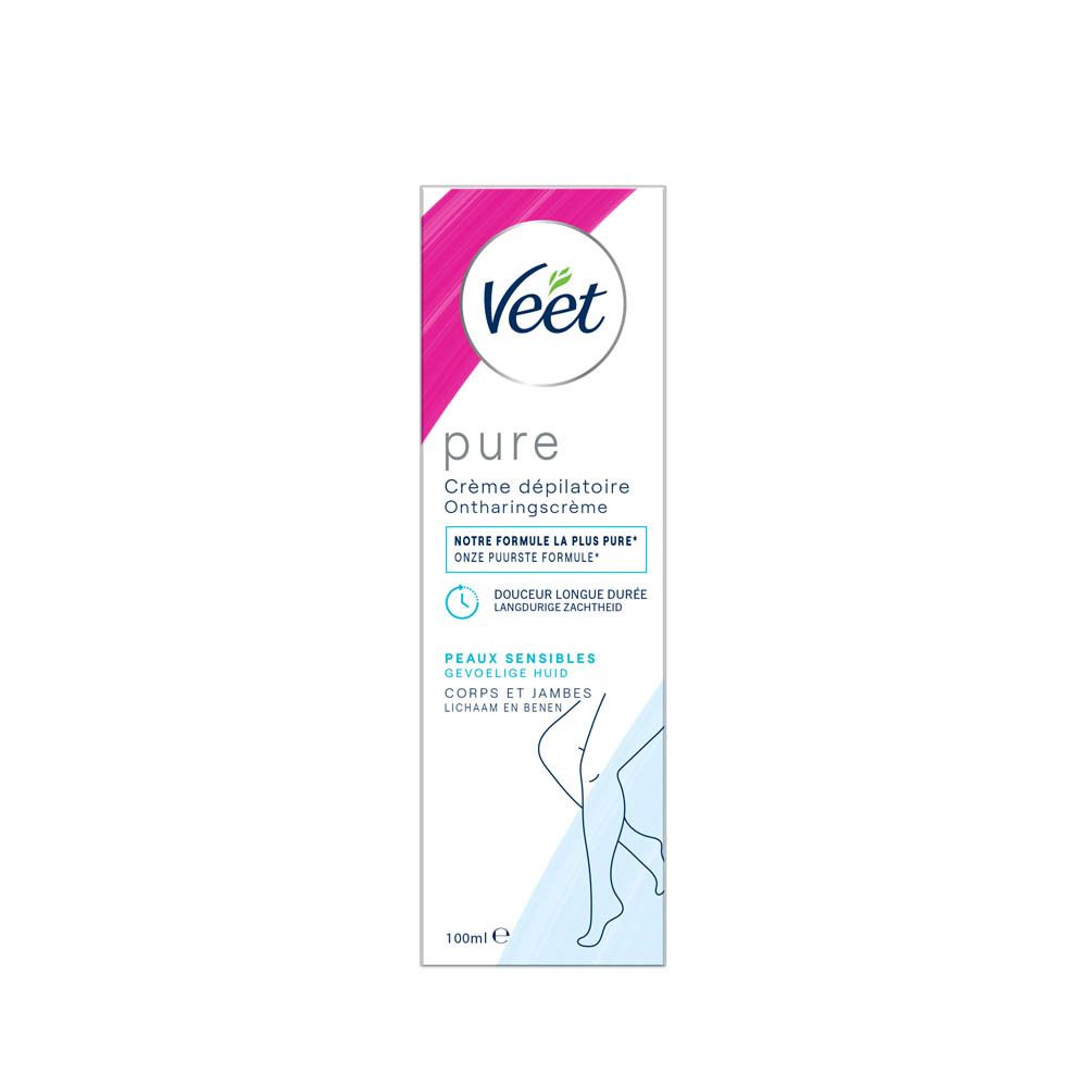 Veet Pure crème dépilatoire, emballage blanc et rose. Contient 100ml. Illustration de jambes.