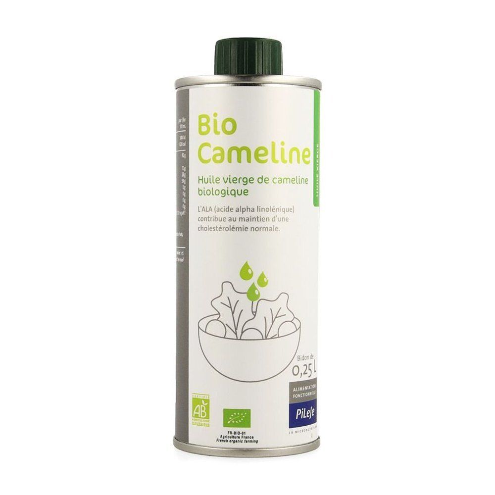 Huile de cameline Bio, boîte 0,25L. Façade avec illustration de salade et logos Bio.