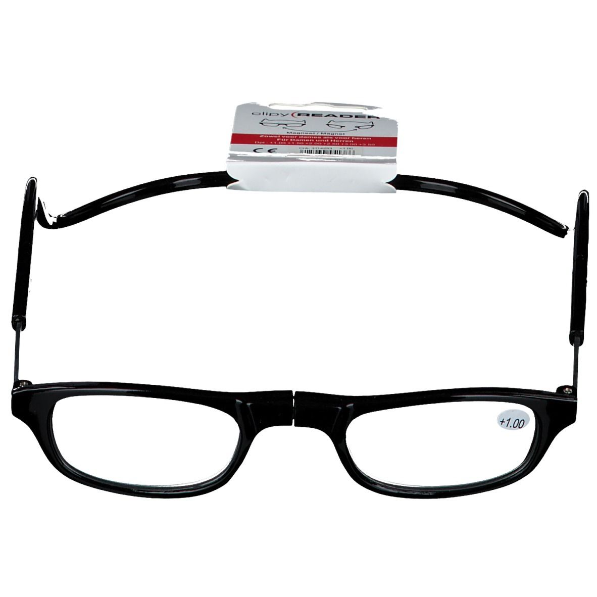 Lunettes noires +1.00. Étiquette avec informations produit.