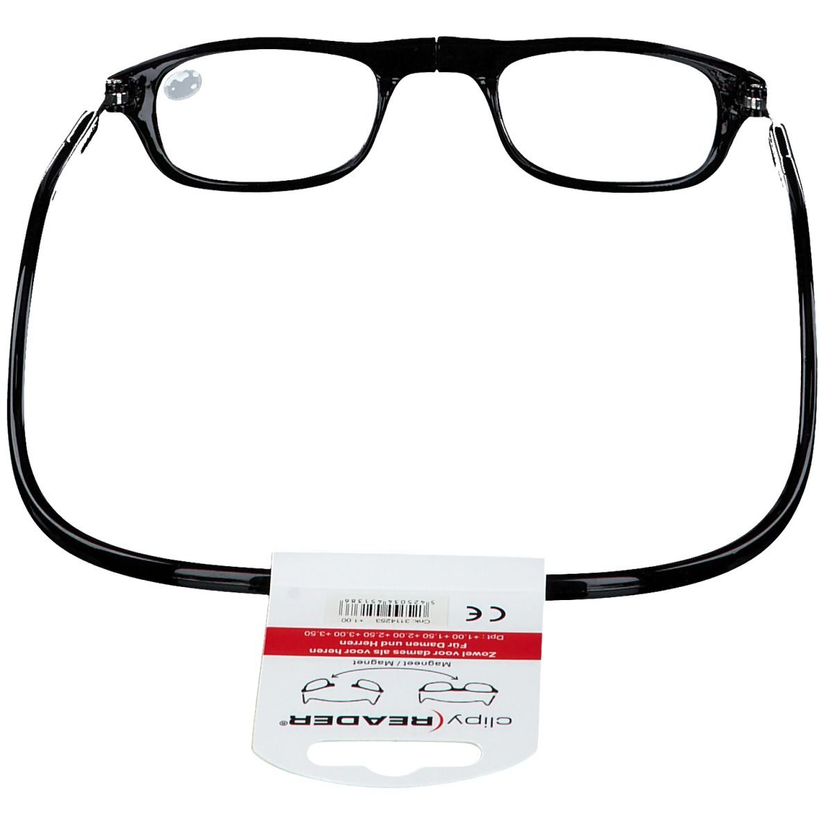 Lunettes noires +1.00. Étiquette avec informations produit.